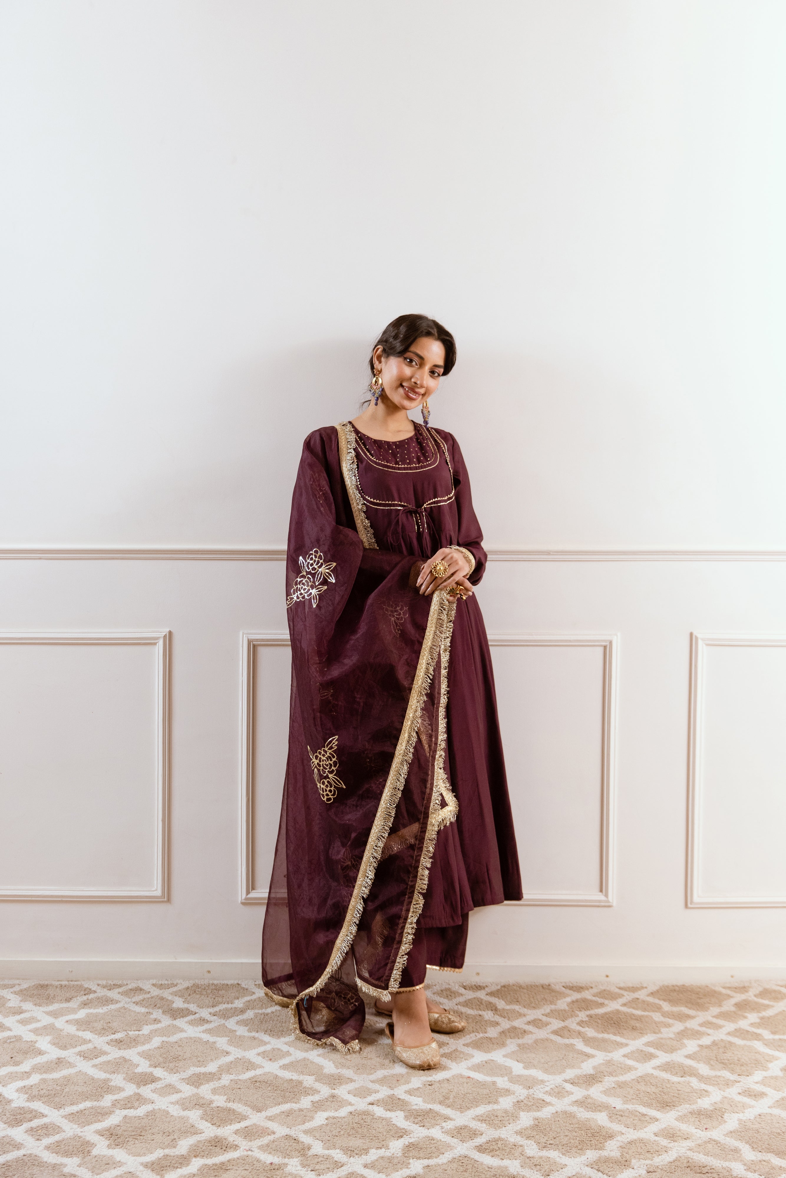 Salma Sitara Pitta work Anarkali set- Plum