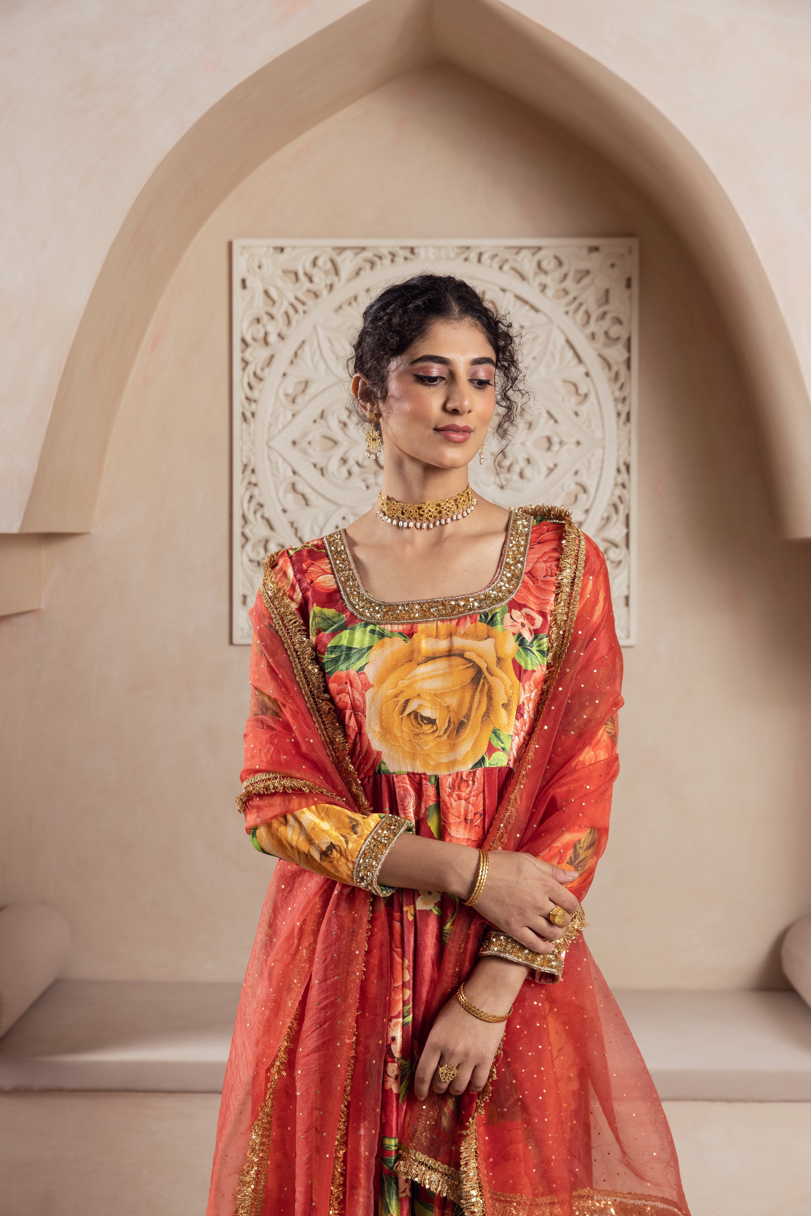 FIRGUN RED FLORAL VELVET ANARKALI SET