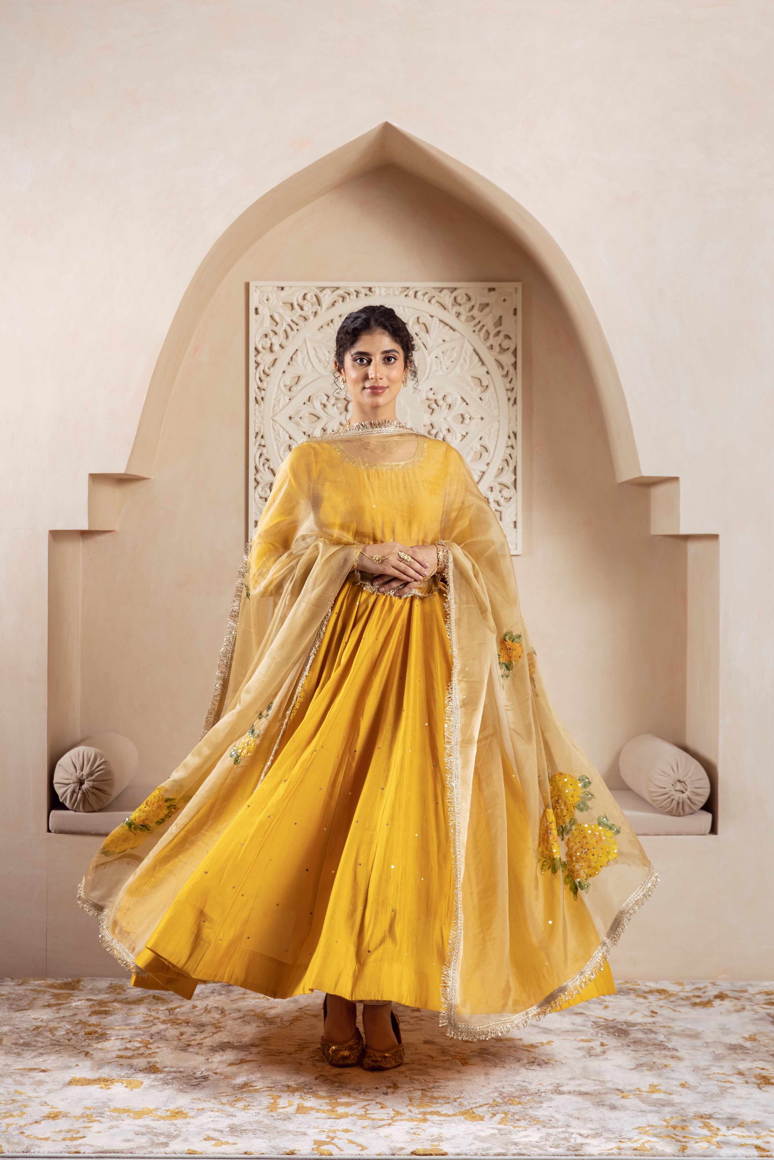 GULNAZ Mustard yellow hand painted Anarkali set