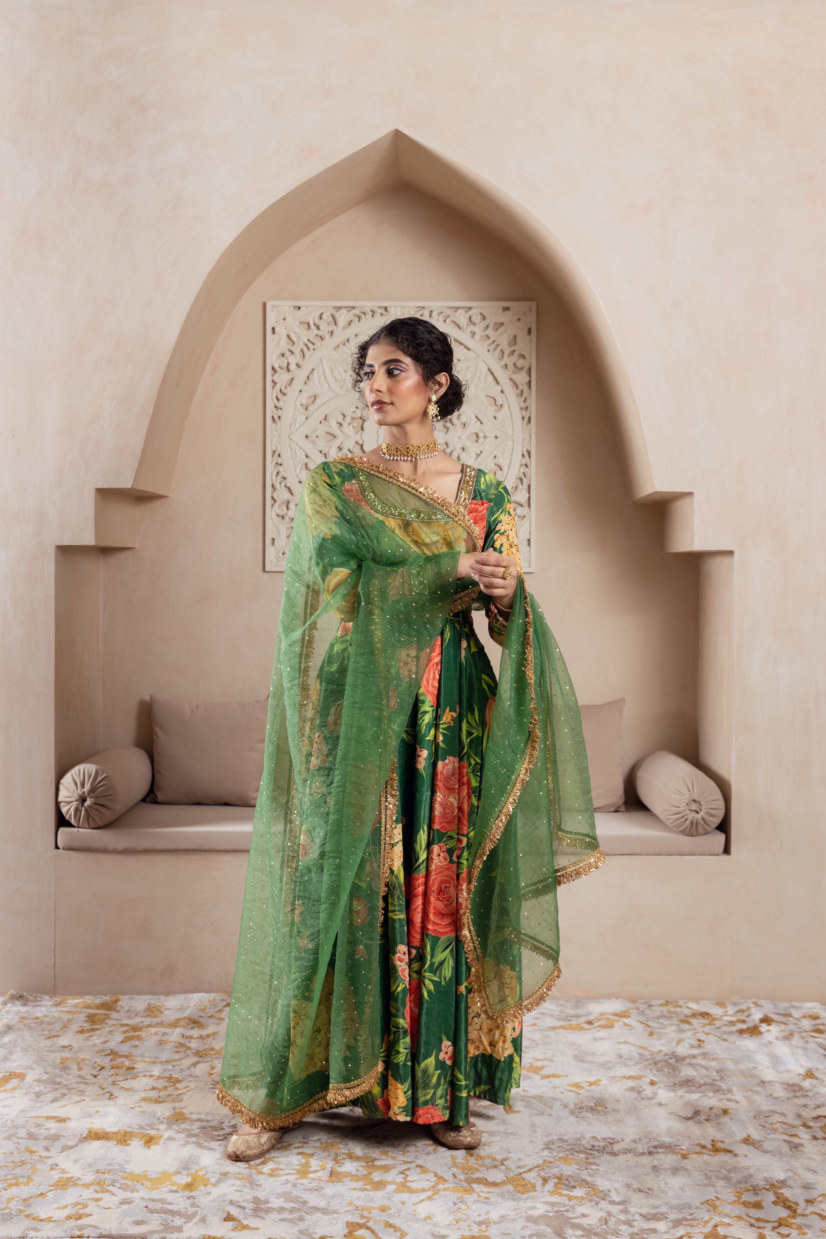 FIRGUN GREEN FLORAL VELVET ANARKALI SET