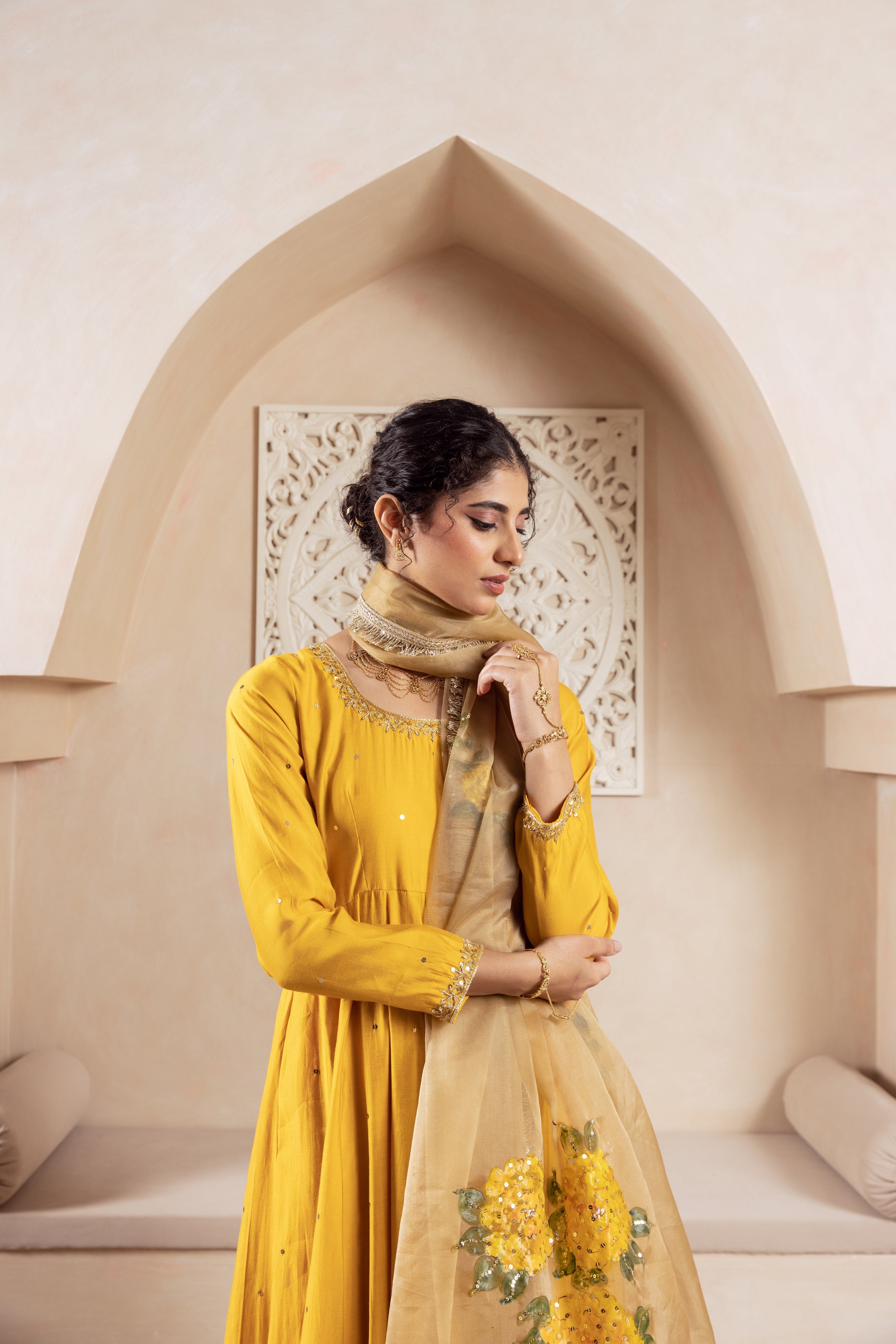 GULNAZ Mustard yellow hand painted Anarkali set