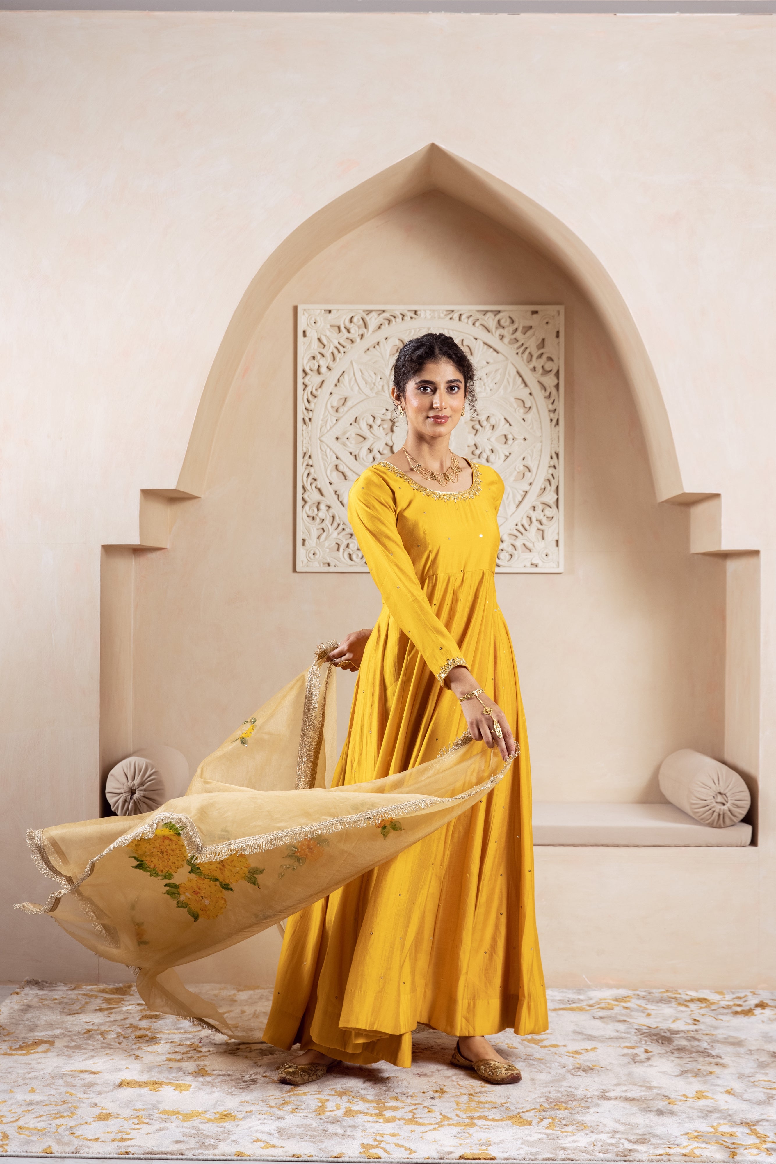 GULNAZ Mustard yellow hand painted Anarkali set