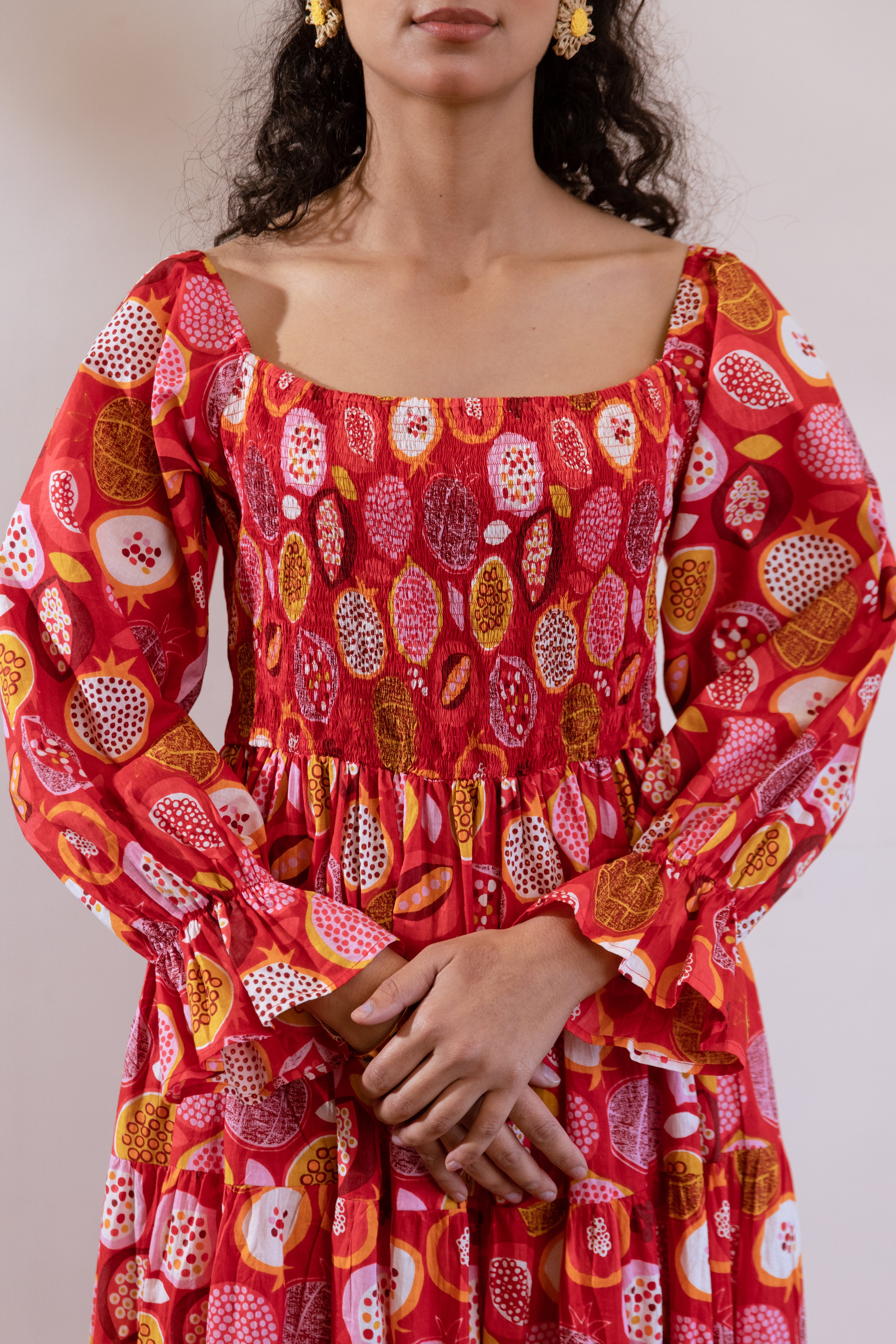 Red pomegranate smocked maxi