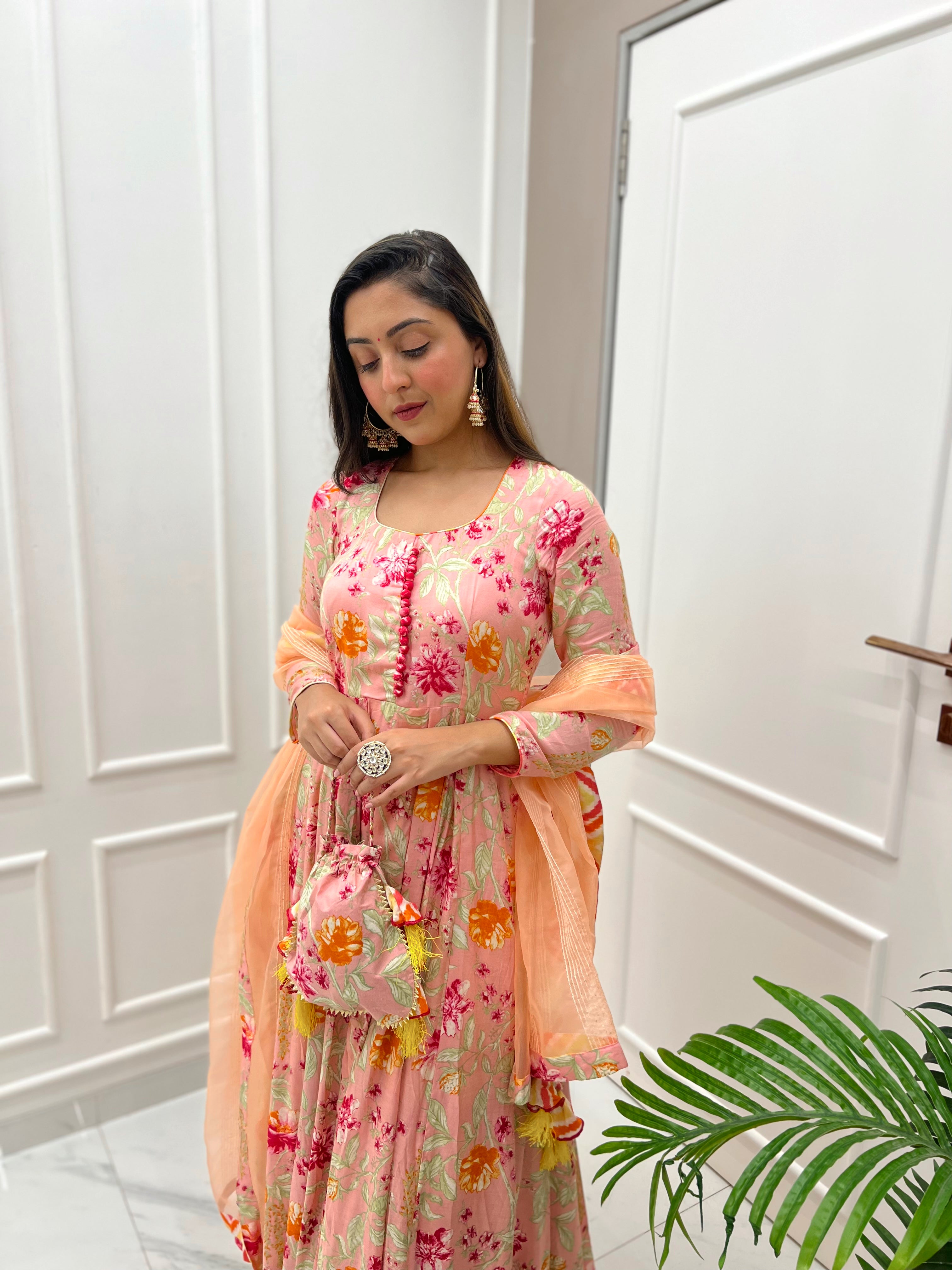 Pink Floral Anarkali Set