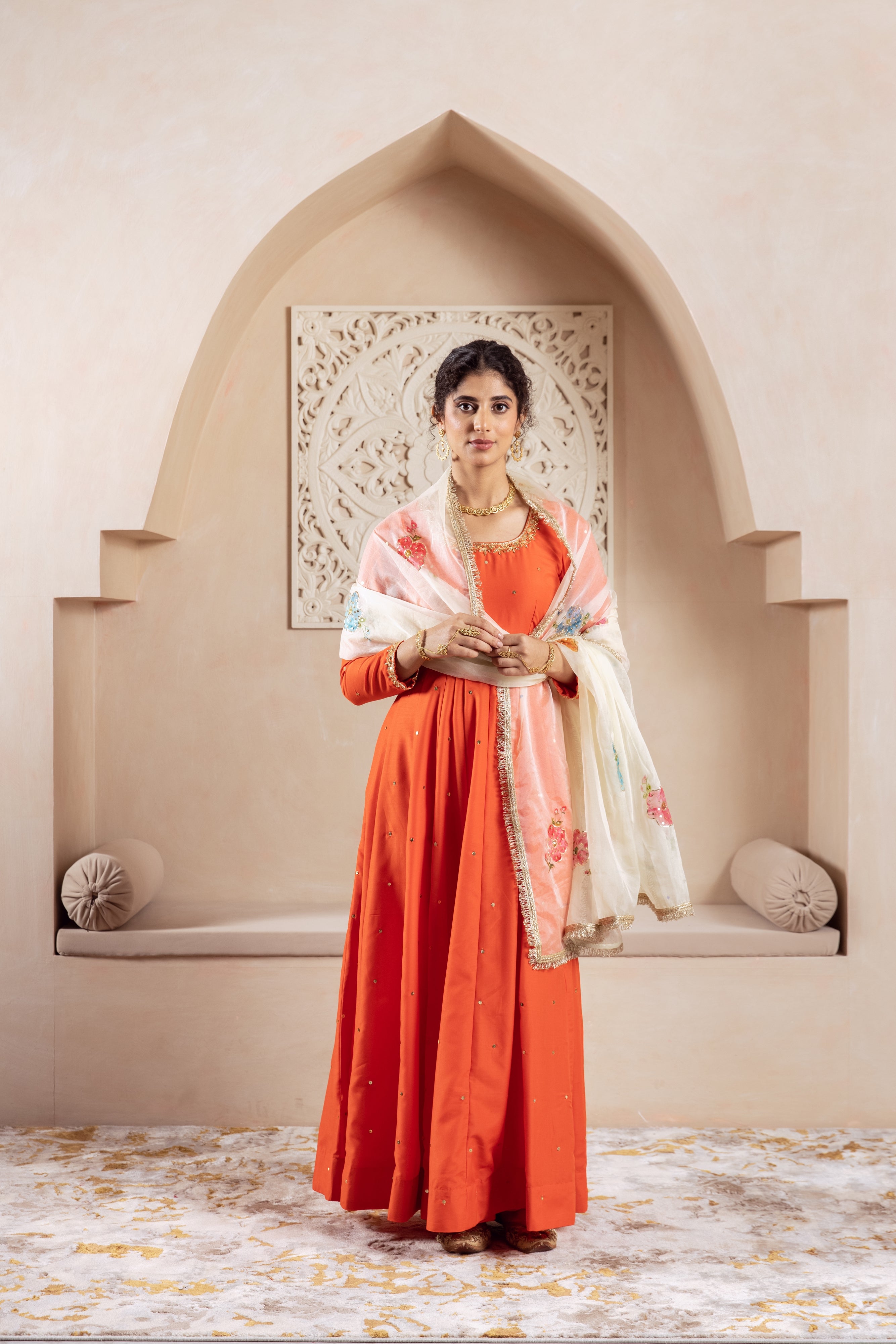 GULNAZ Orange hand painted Anarkali set