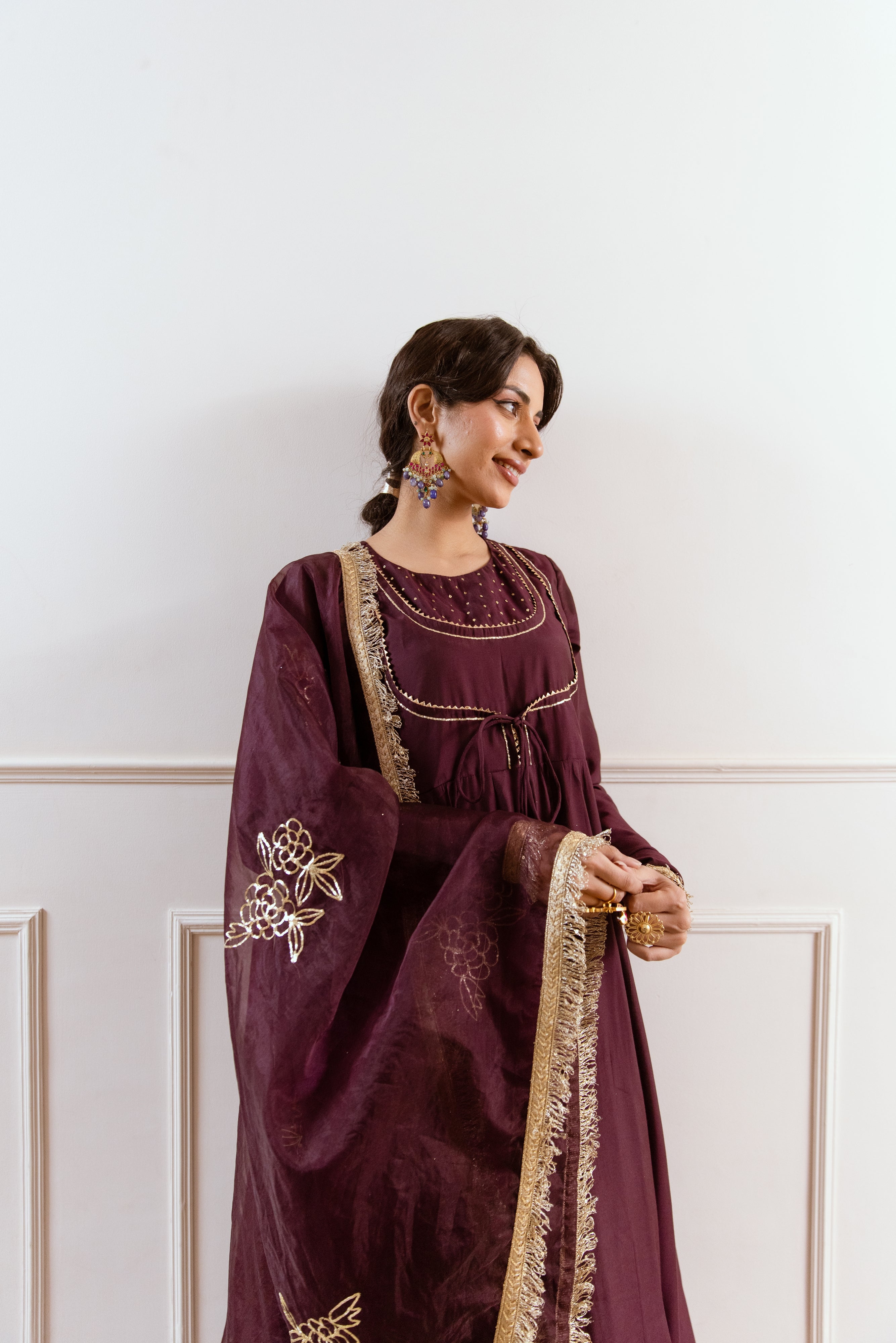 Salma Sitara Pitta work Anarkali set- Plum