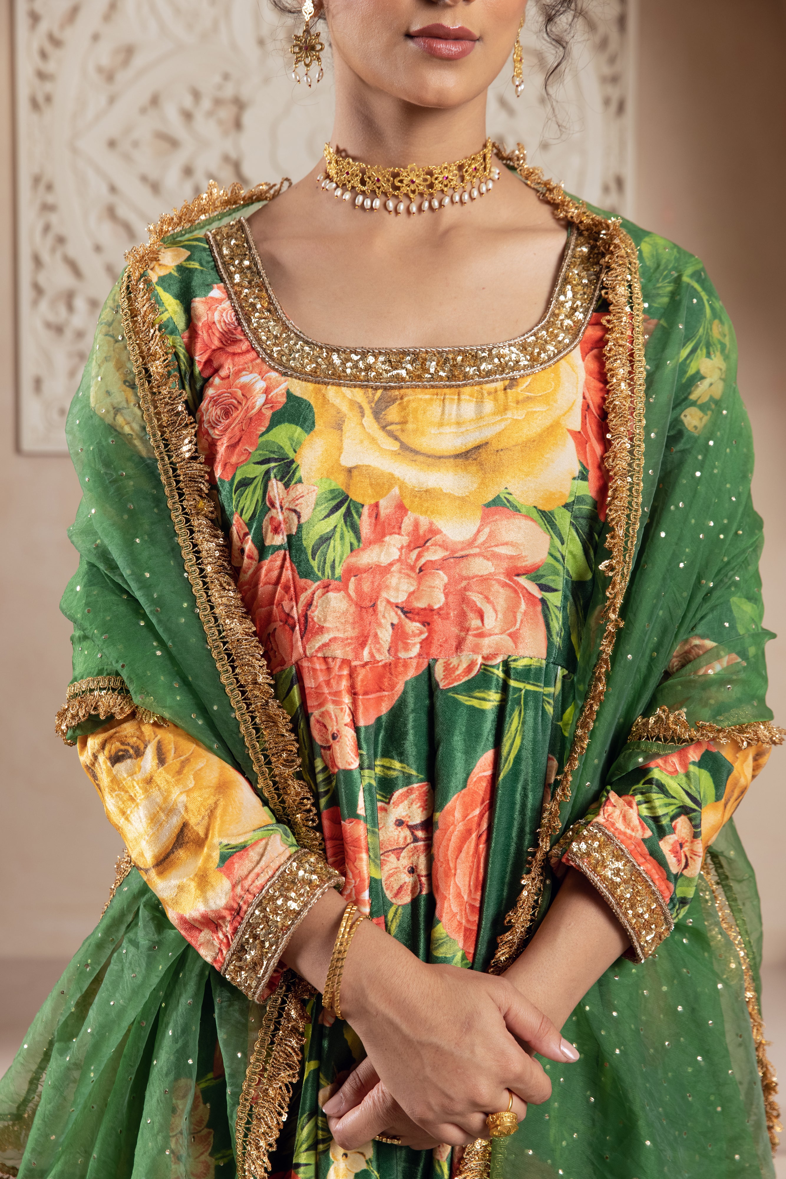 FIRGUN GREEN FLORAL VELVET ANARKALI SET