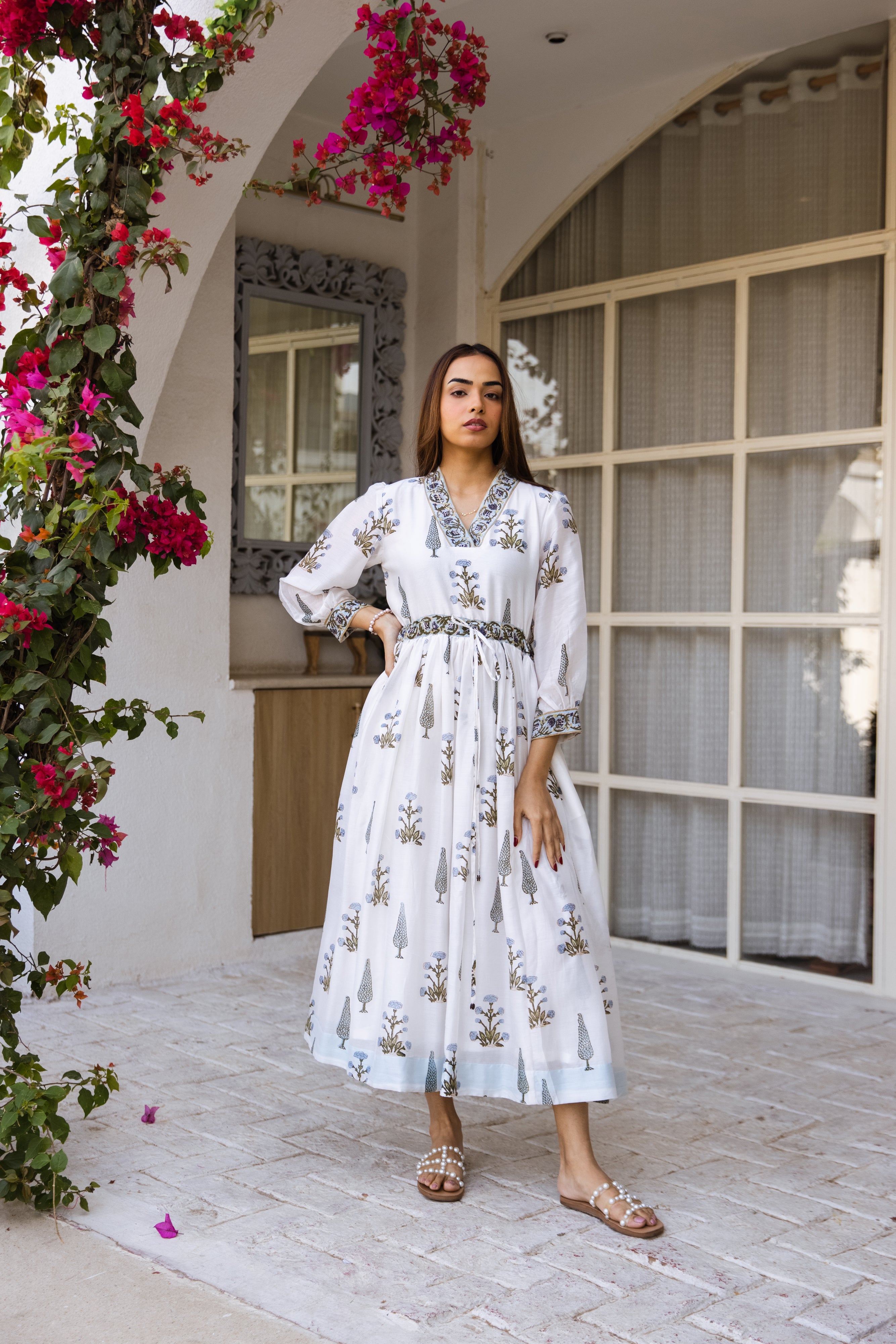 Picnic hand block print waist adjust dress