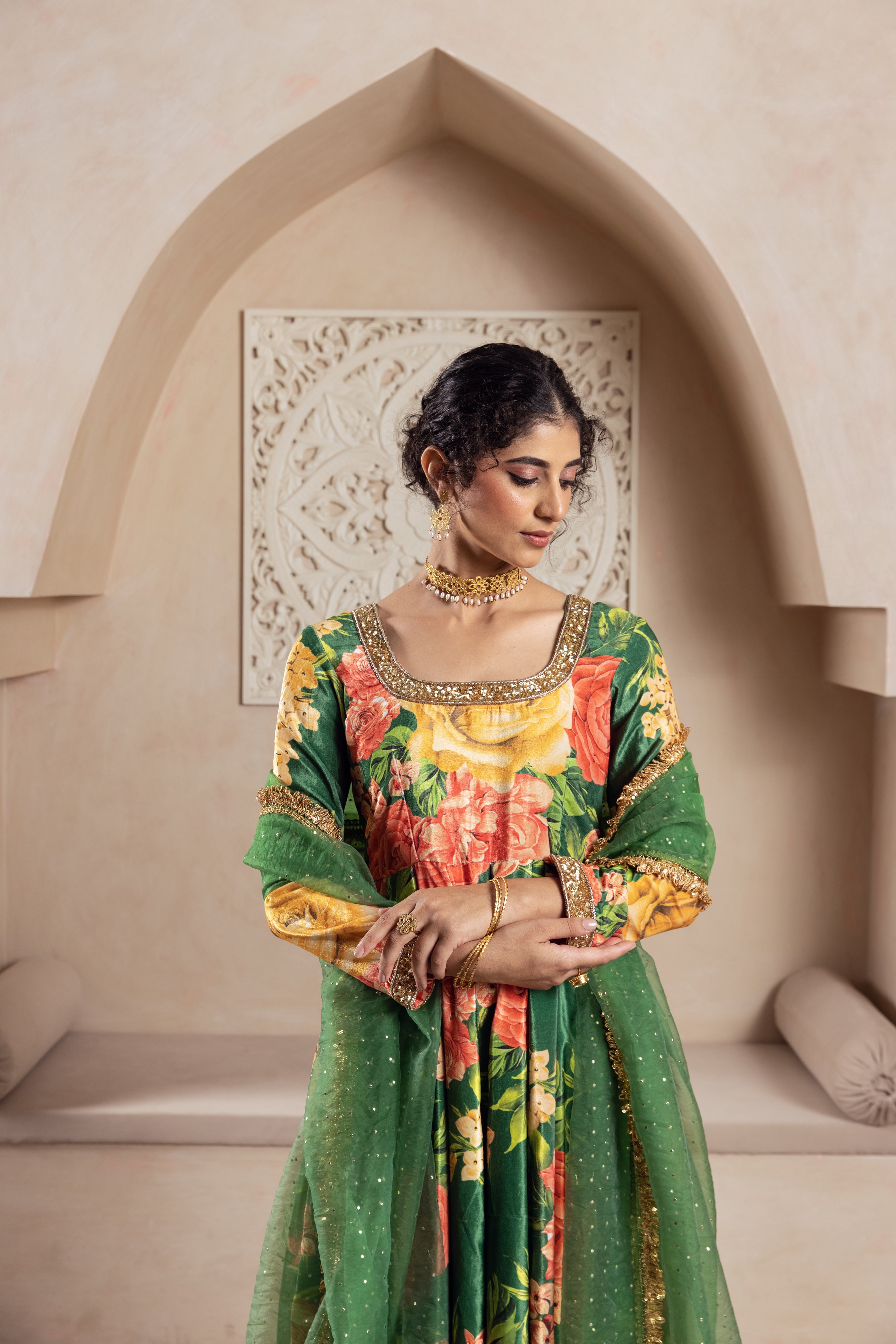 FIRGUN GREEN FLORAL VELVET ANARKALI SET
