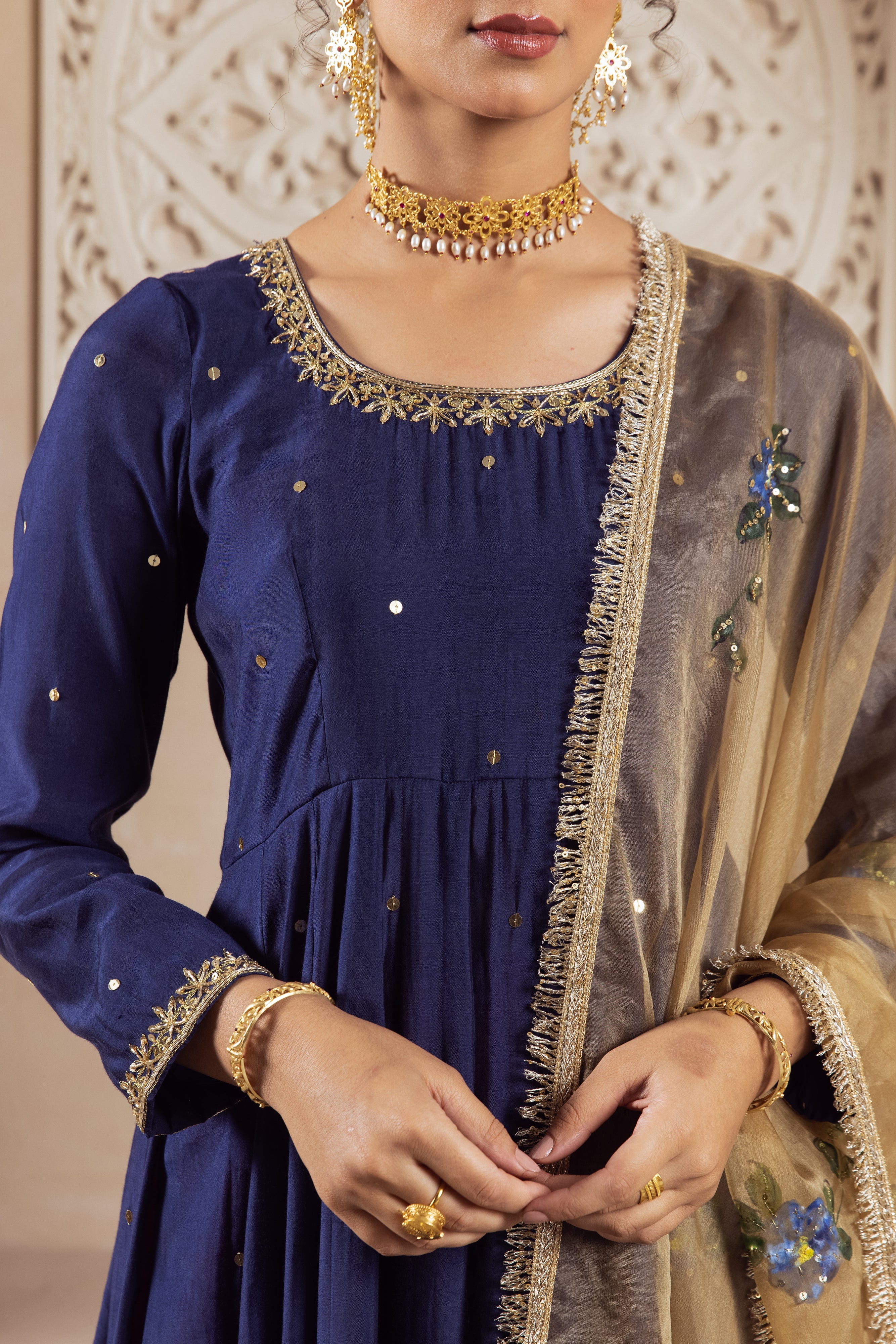 GULNAZ Navy blue hand painted Anarkali set