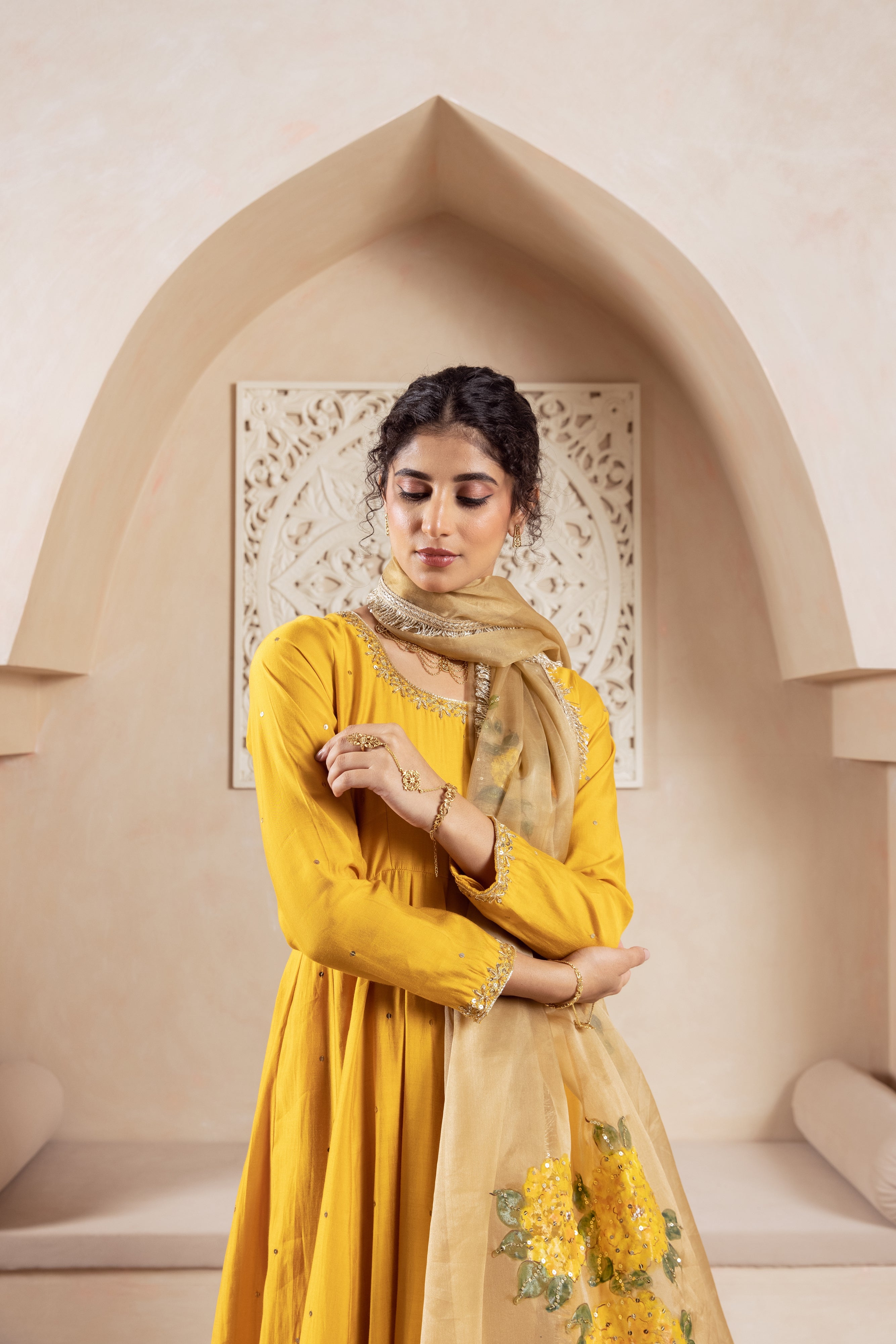 GULNAZ Mustard yellow hand painted Anarkali set