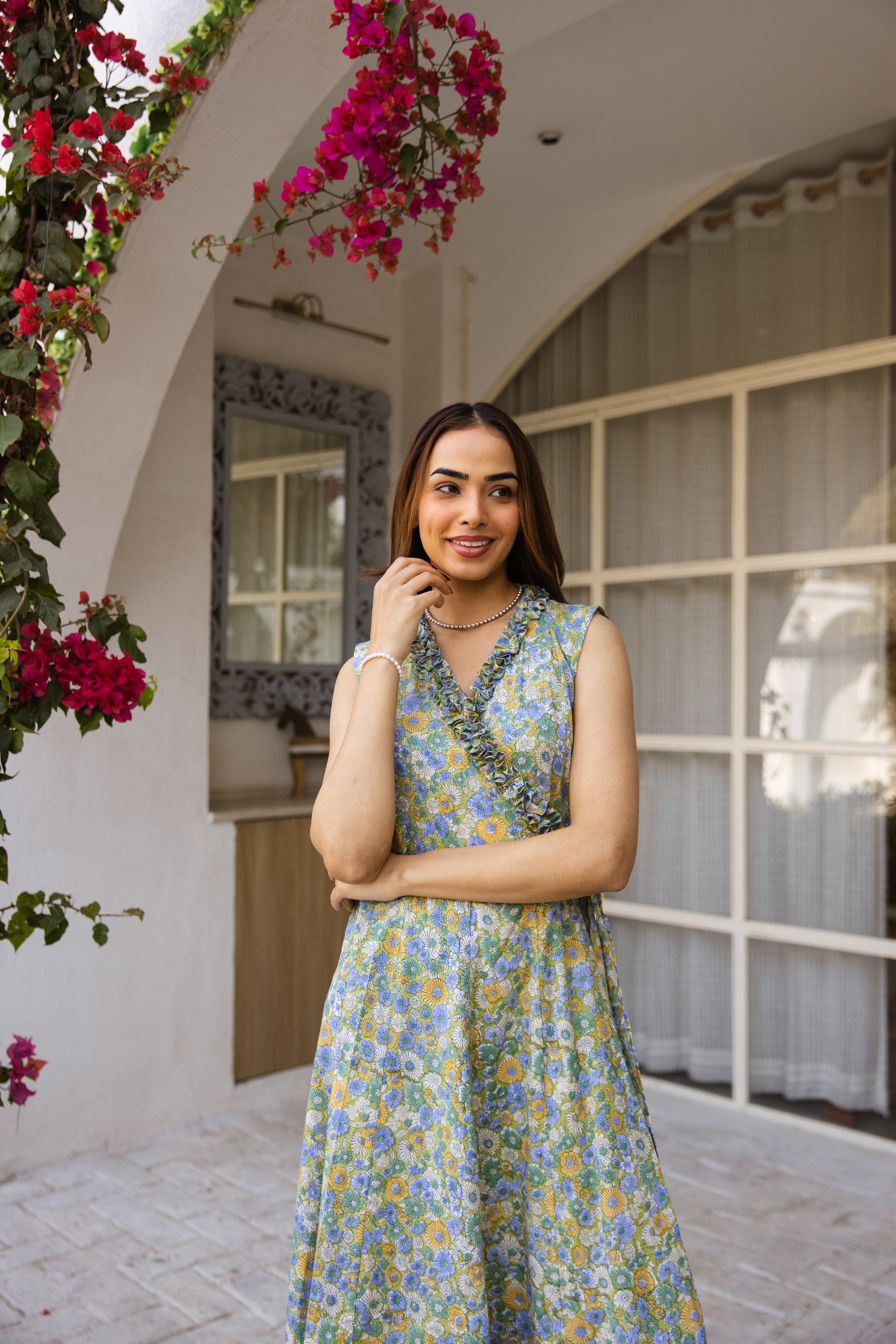 Picnic Green floral Wrap around Dress