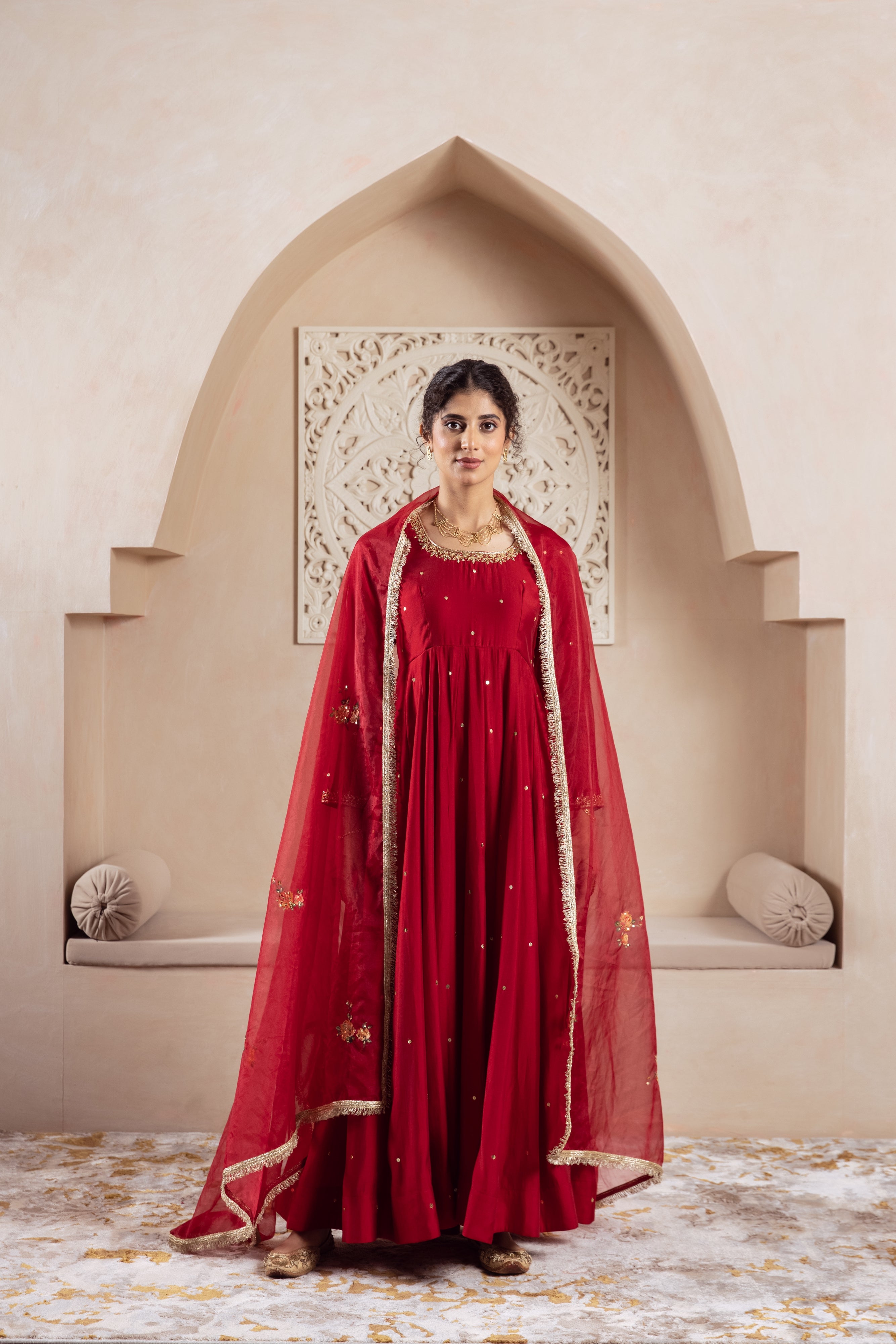 GULNAZ Maroon rose hand painted Anarkali set