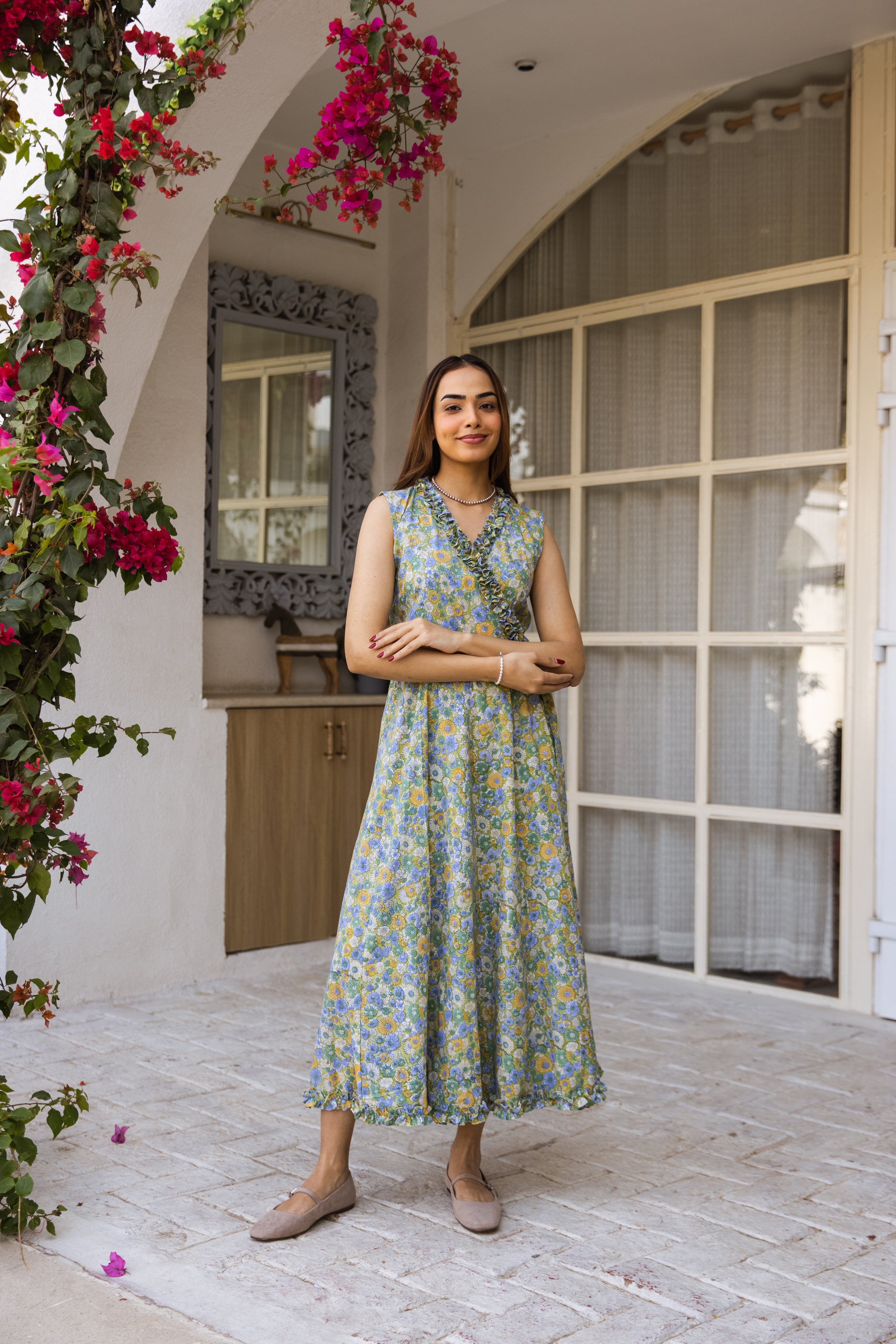 Picnic Green floral Wrap around Dress