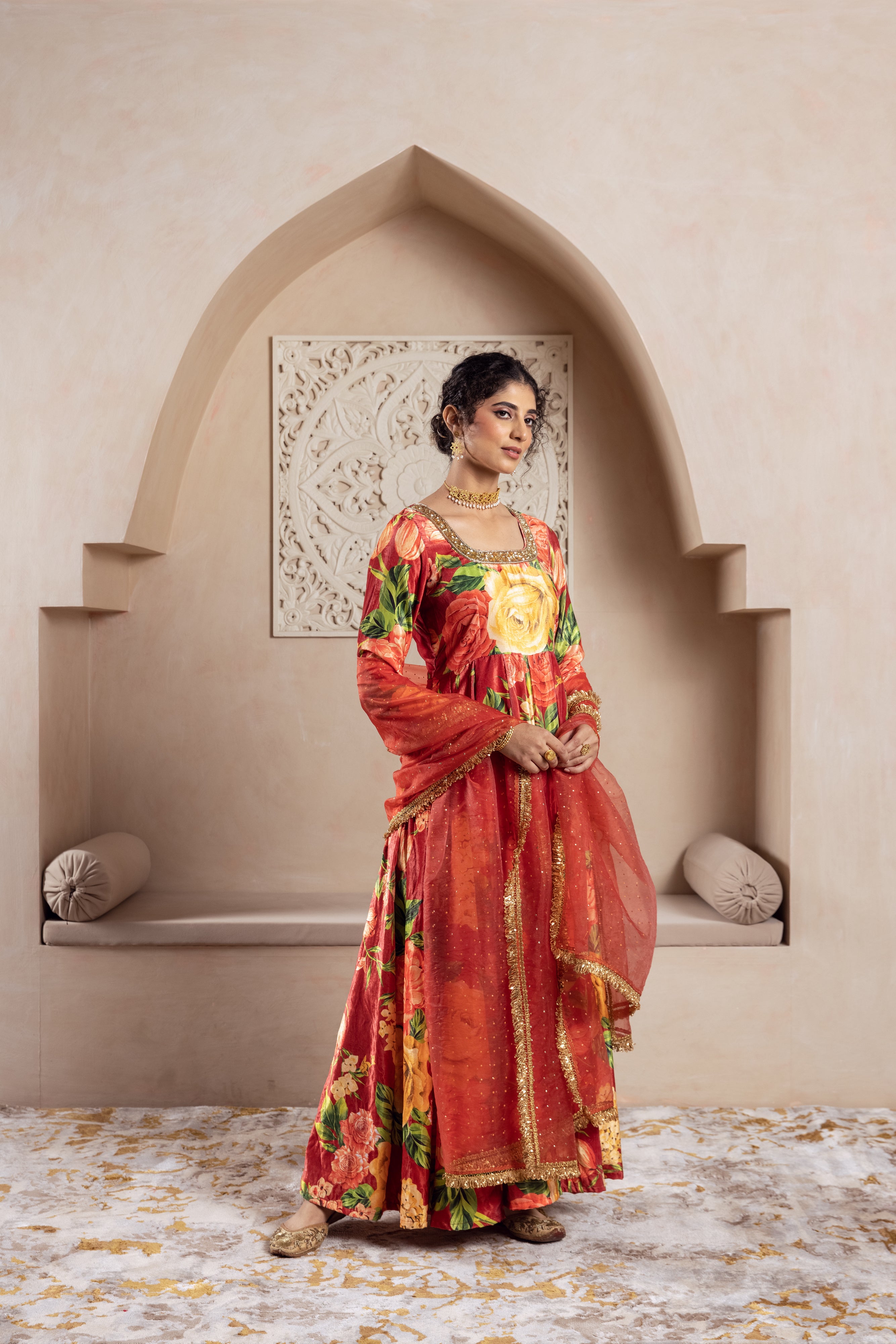 FIRGUN RED FLORAL VELVET ANARKALI SET