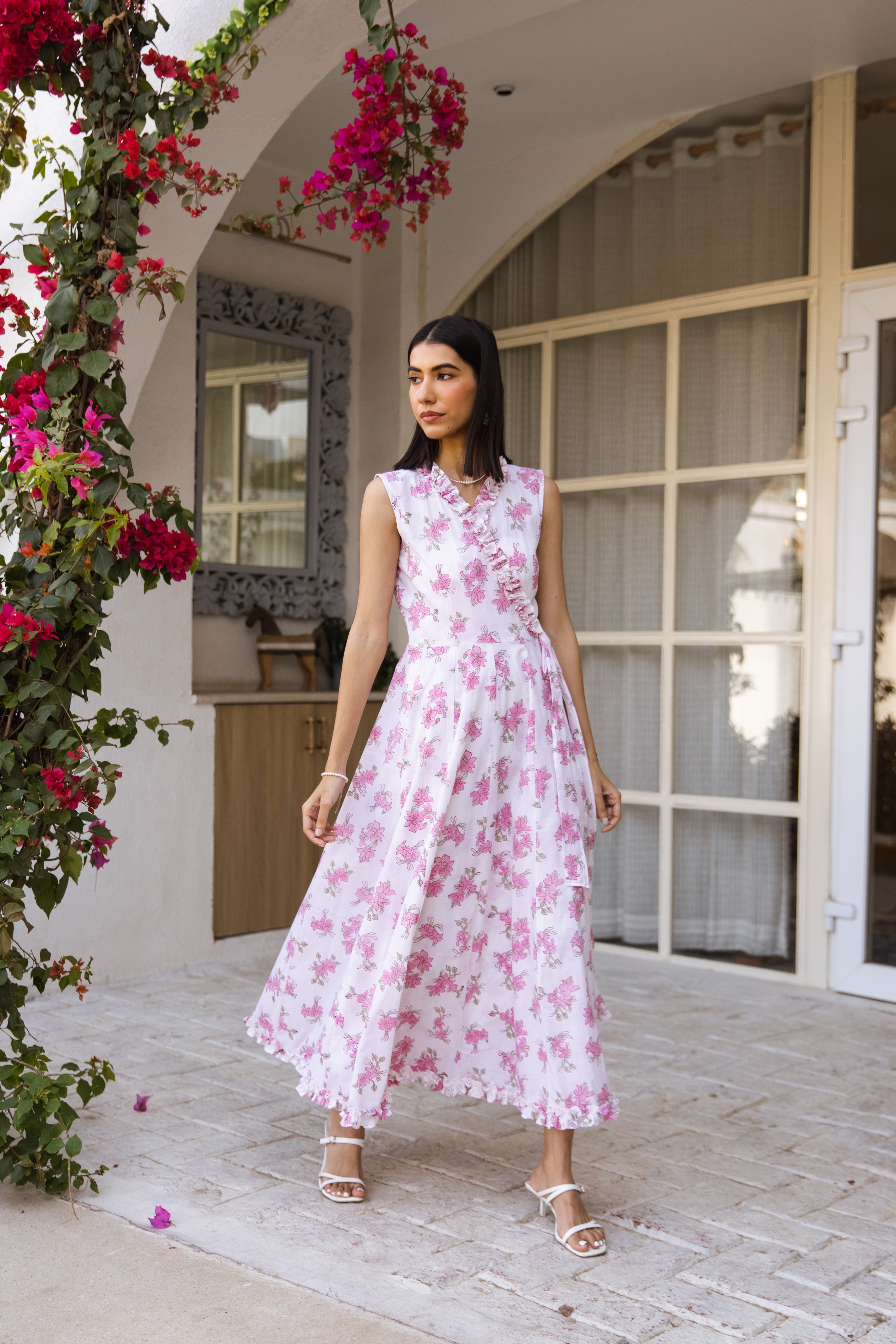 Picnic Pink floral hand block wrap around dress