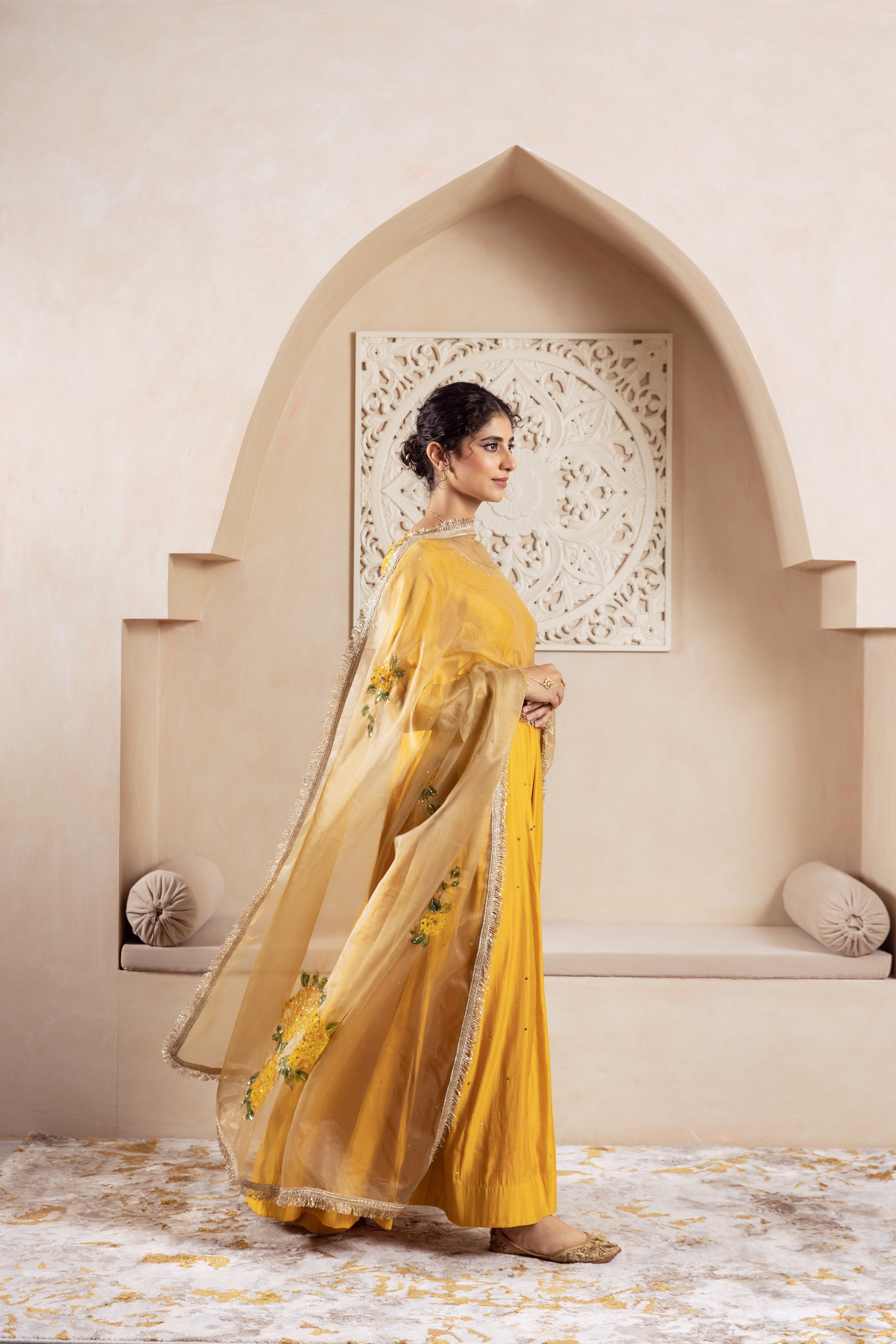 GULNAZ Mustard yellow hand painted Anarkali set