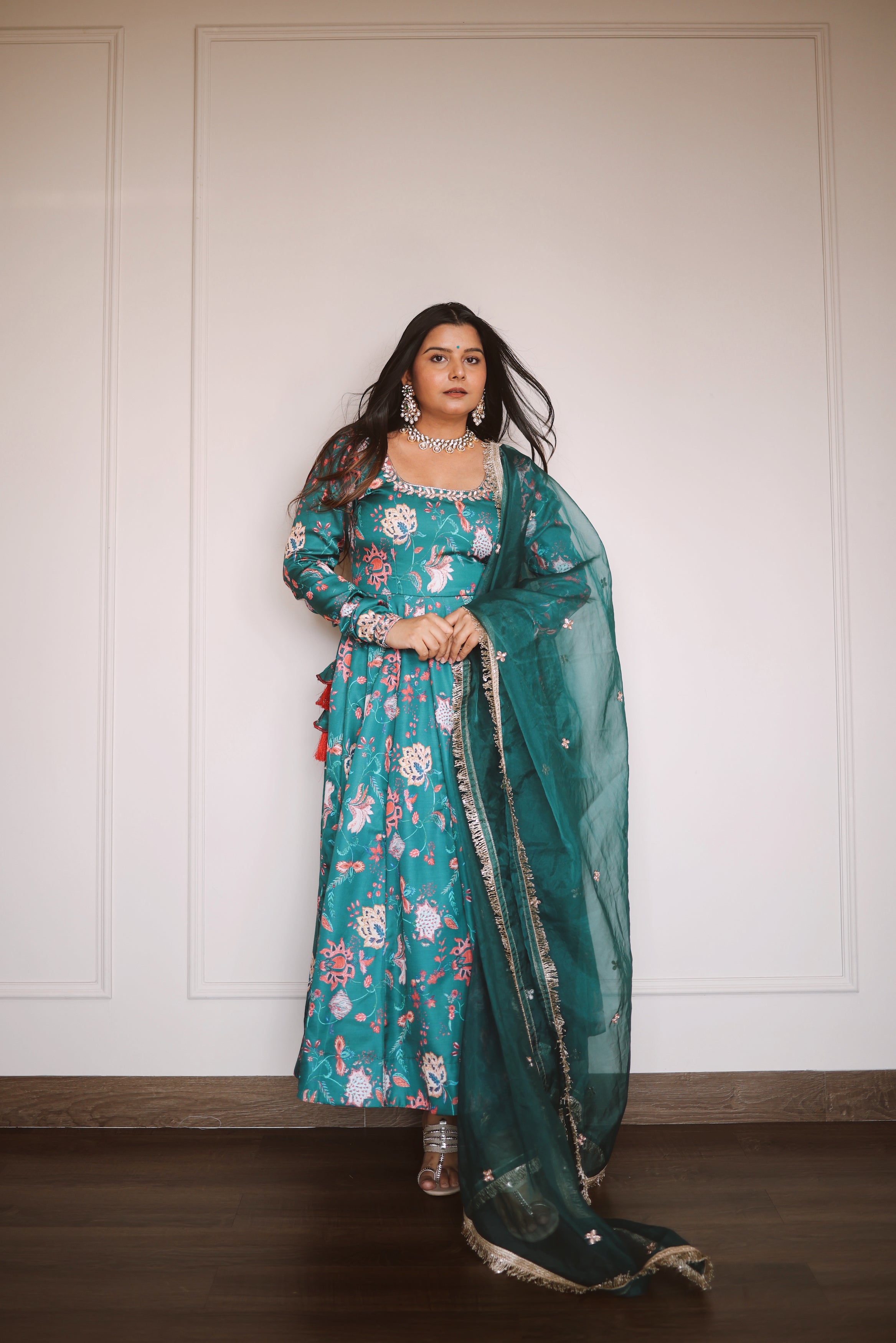 Gulmohar Green Printed Anarkali Set