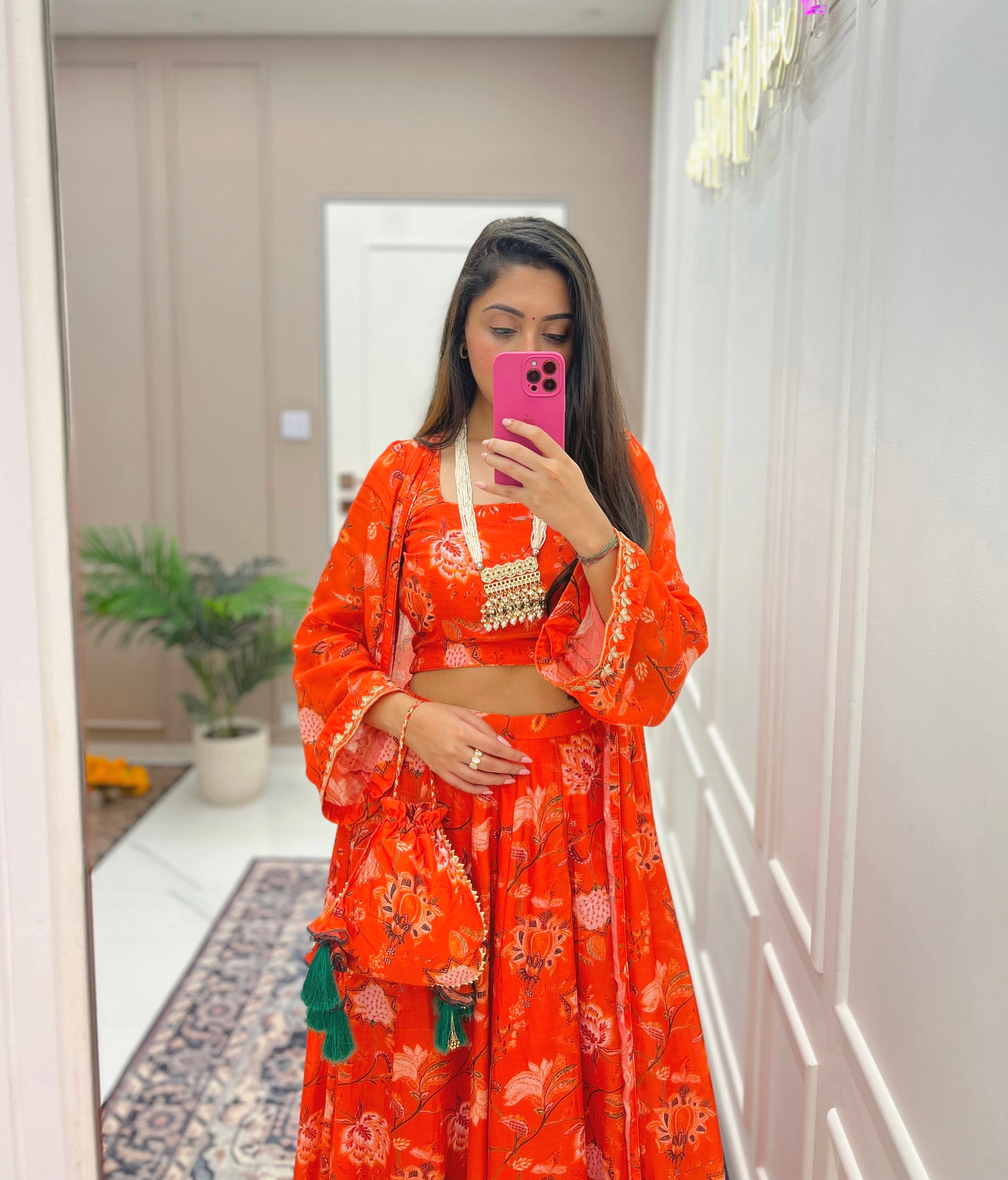 Orange Printed Jacket Set