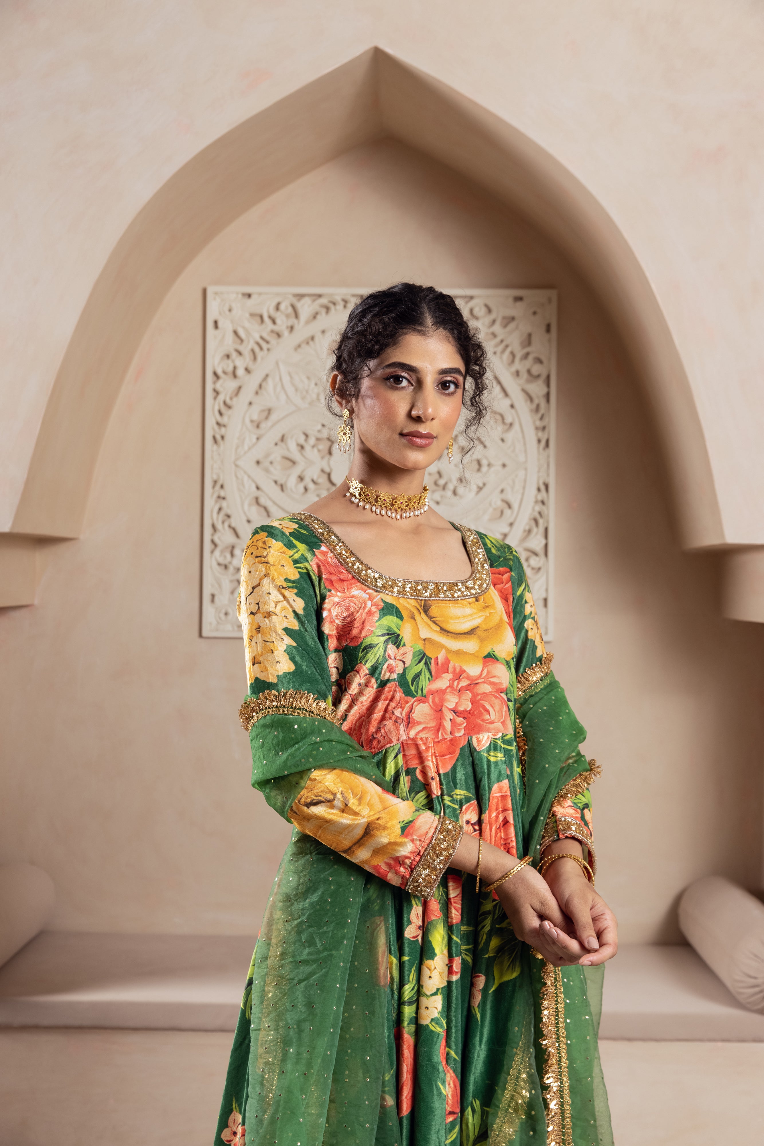 FIRGUN GREEN FLORAL VELVET ANARKALI SET