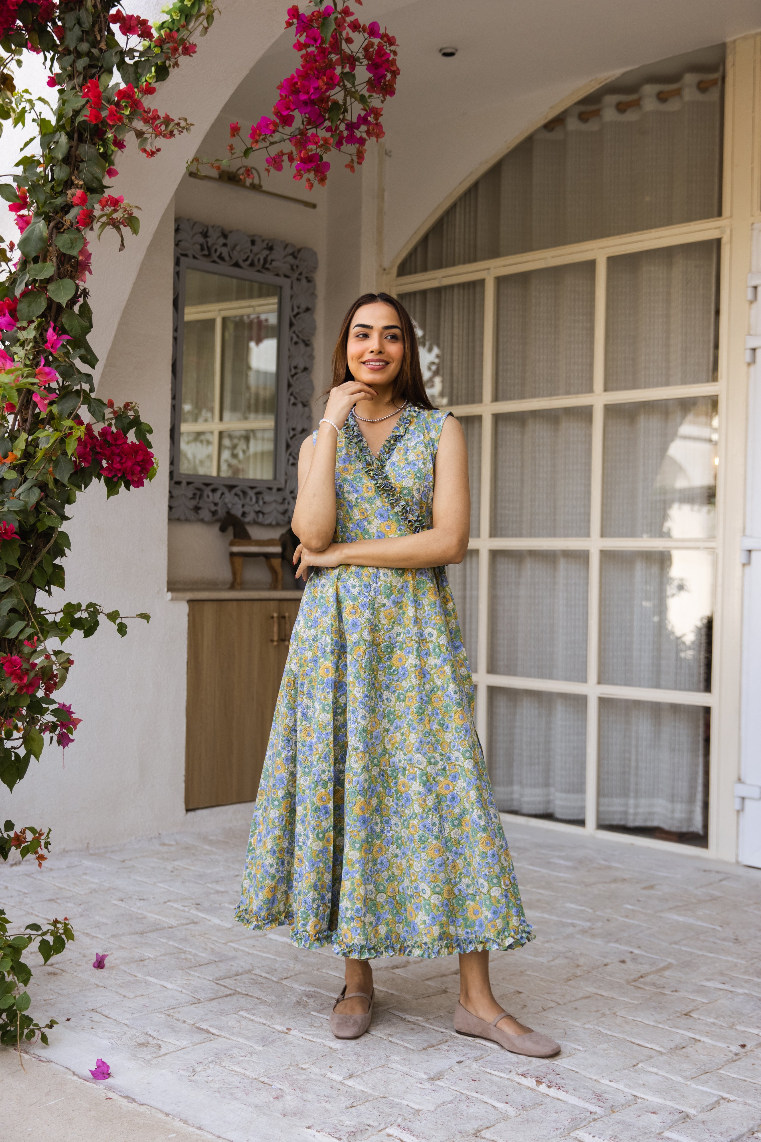 Picnic Green floral Wrap around Dress