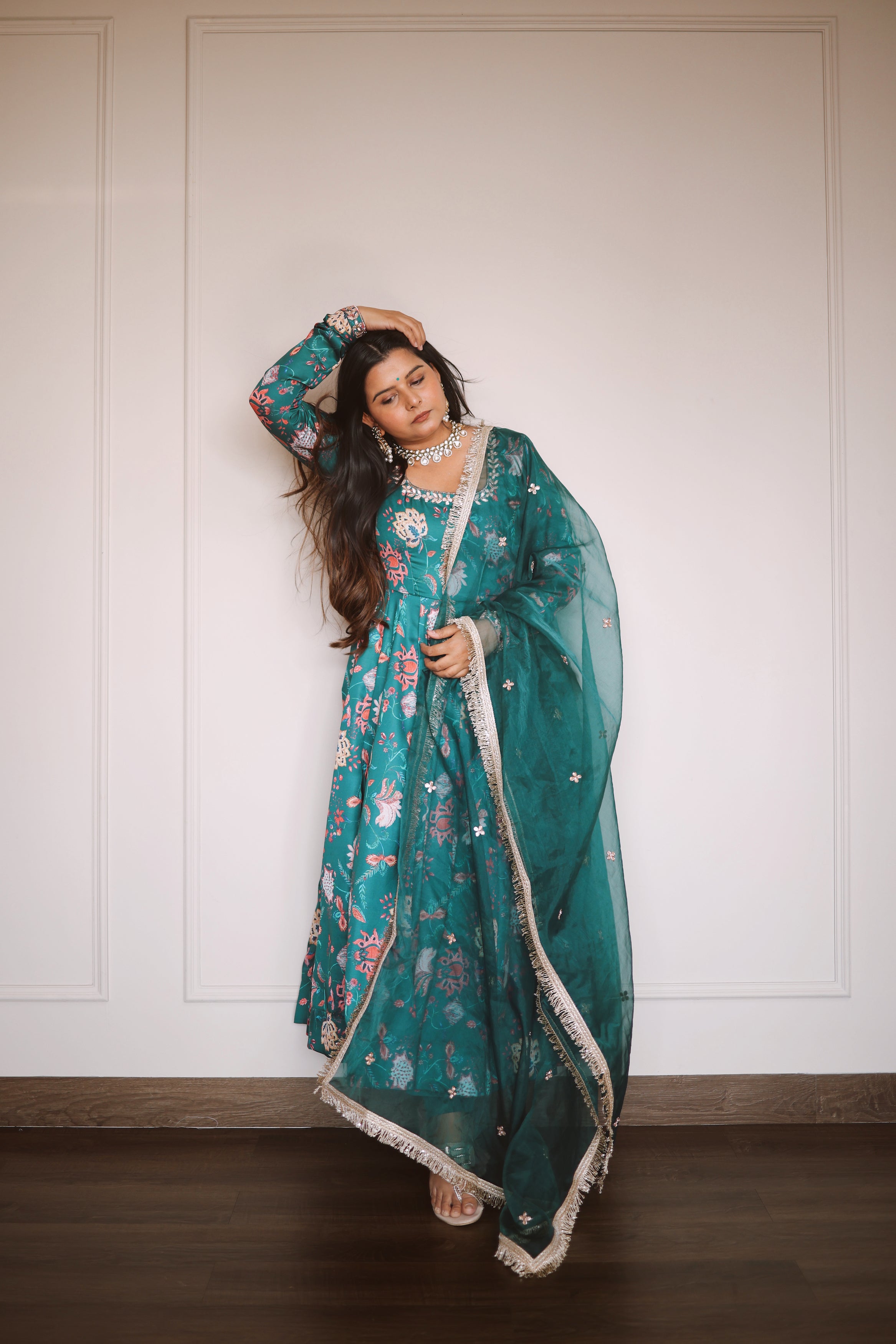 Gulmohar Green Printed Anarkali Set