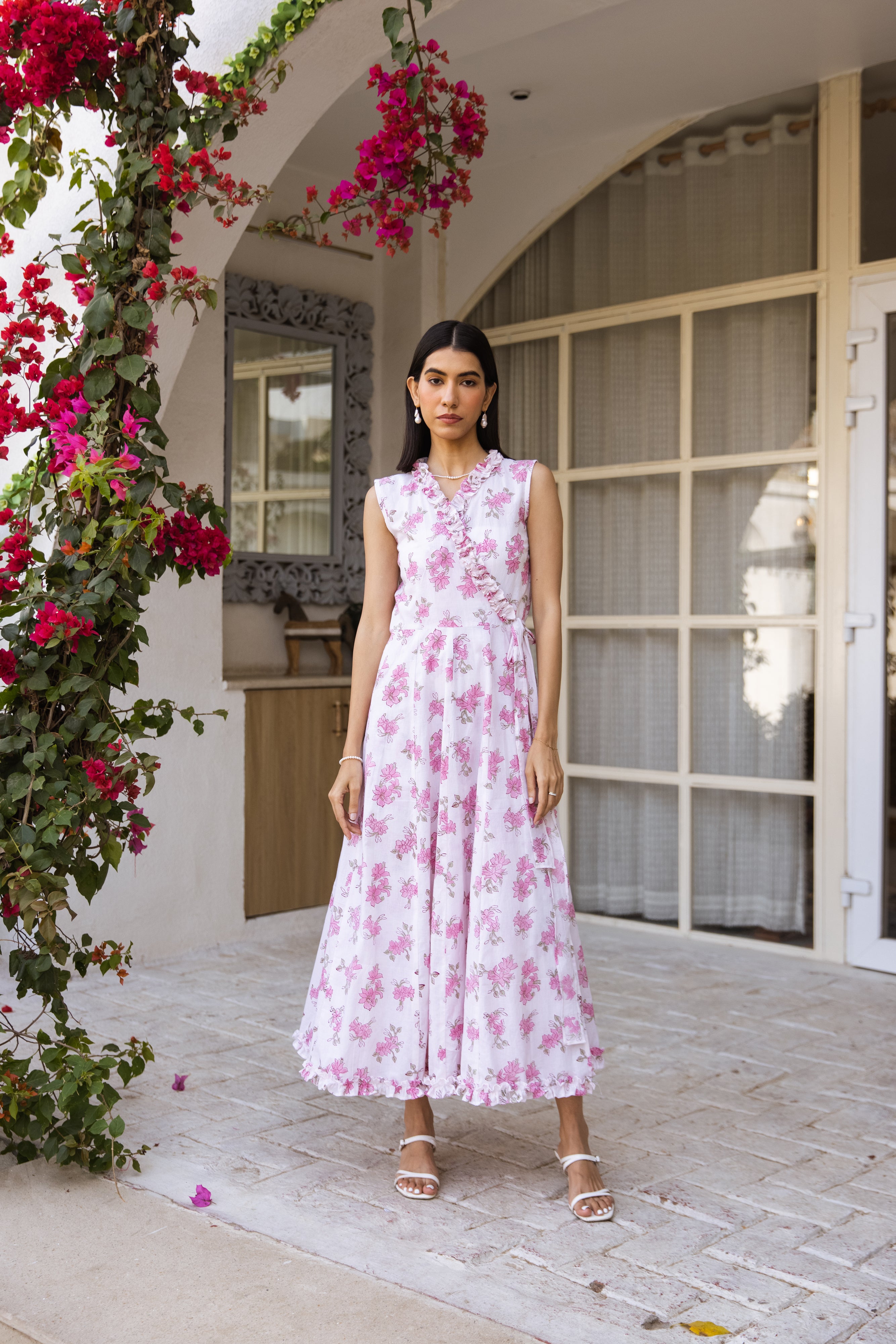 Picnic Pink floral hand block wrap around dress