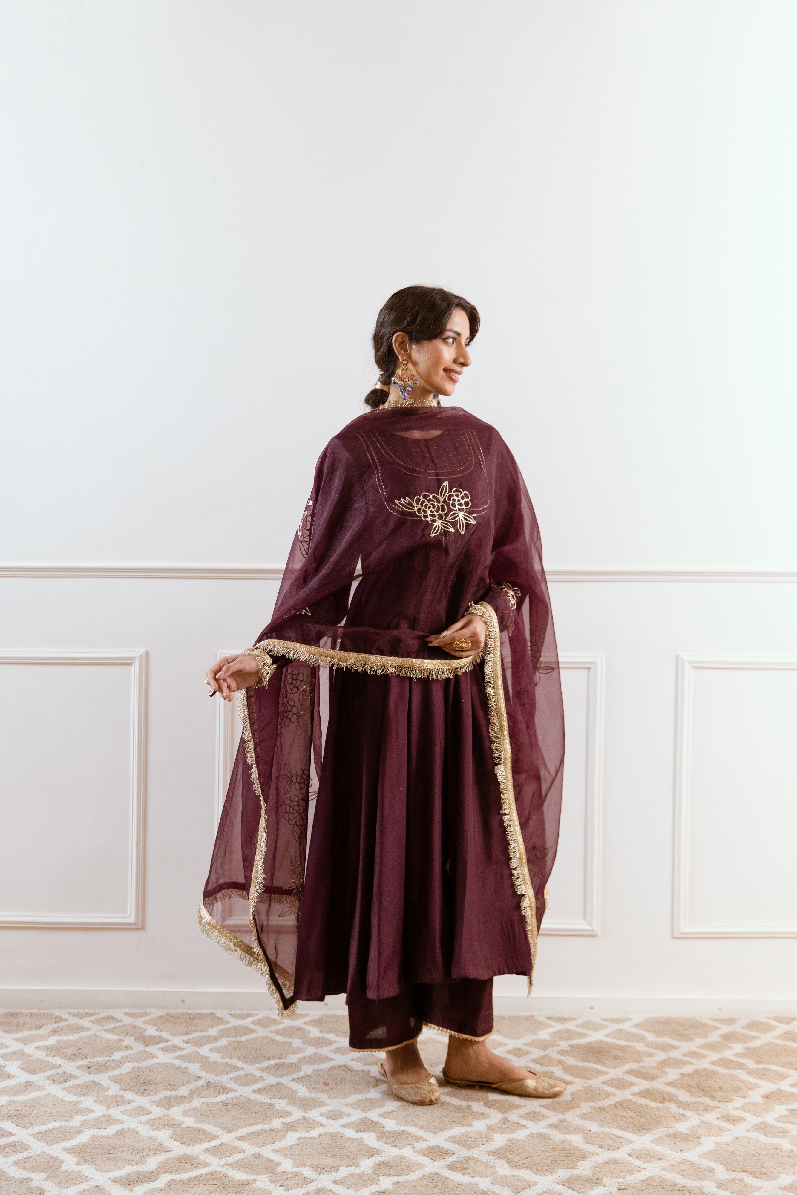 Salma Sitara Pitta work Anarkali set- Plum