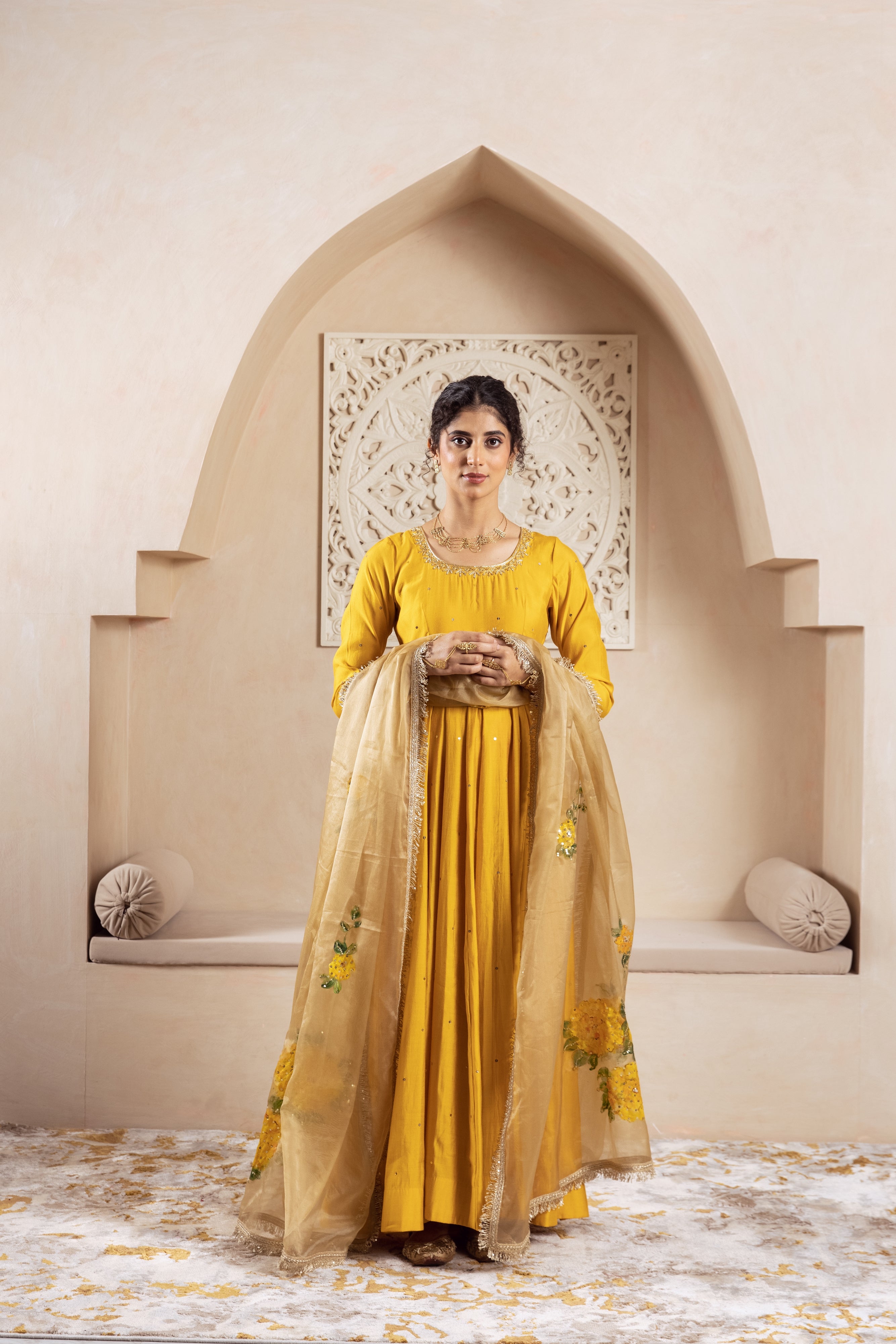 GULNAZ Mustard yellow hand painted Anarkali set