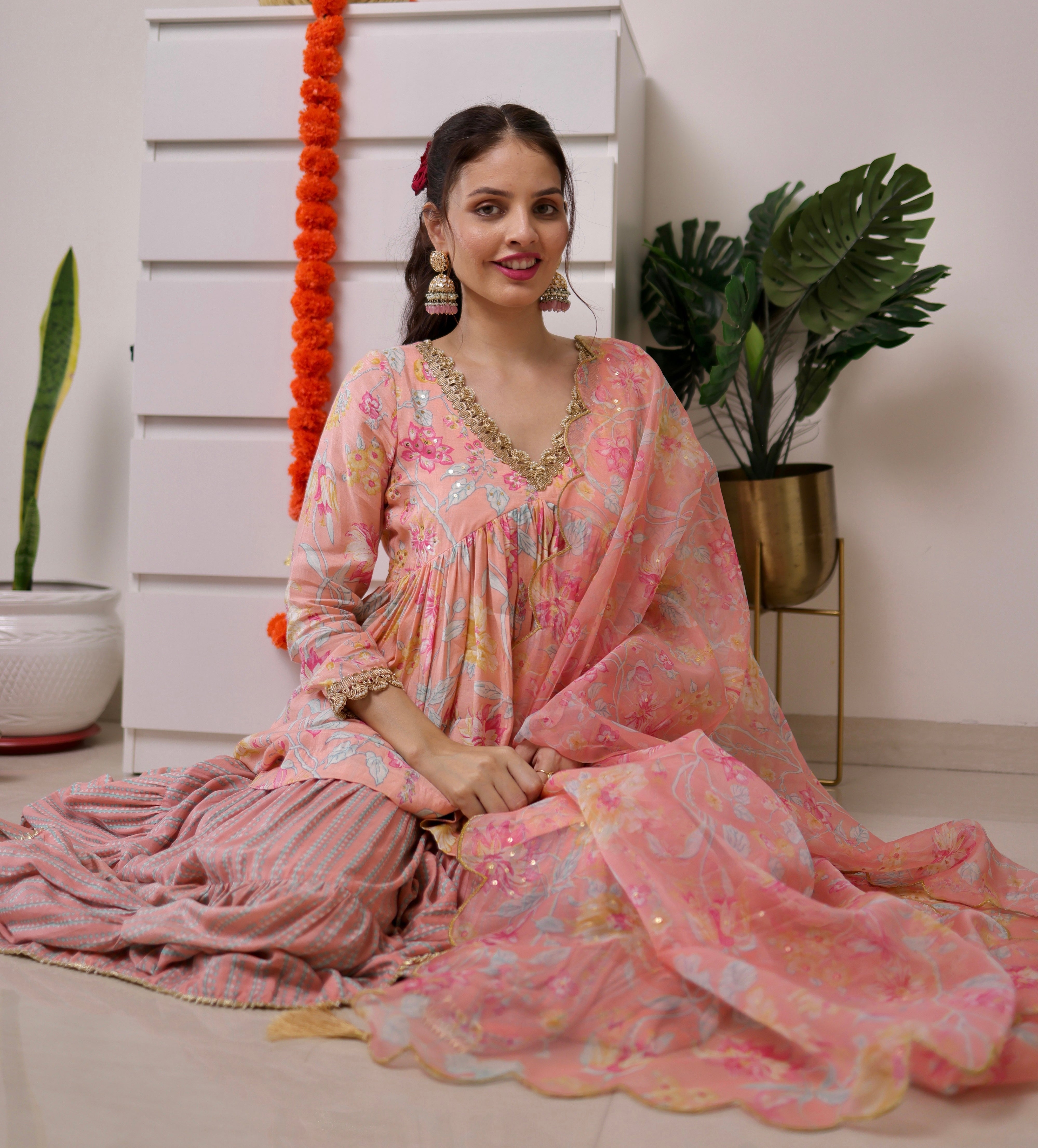Peach floral Gharara Set