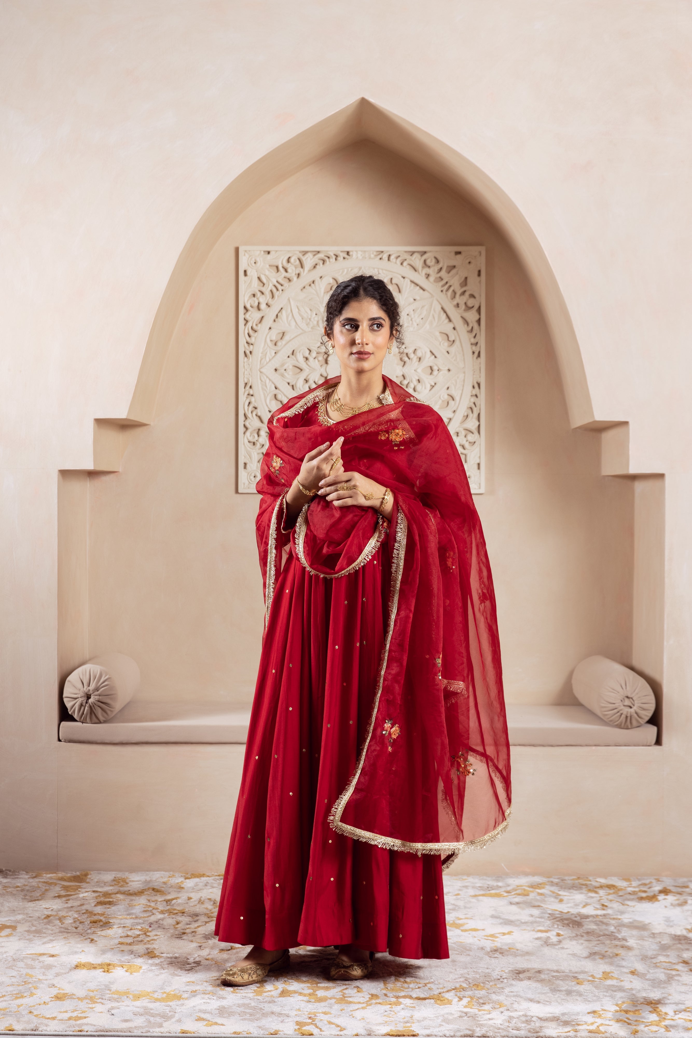 GULNAZ Maroon rose hand painted Anarkali set