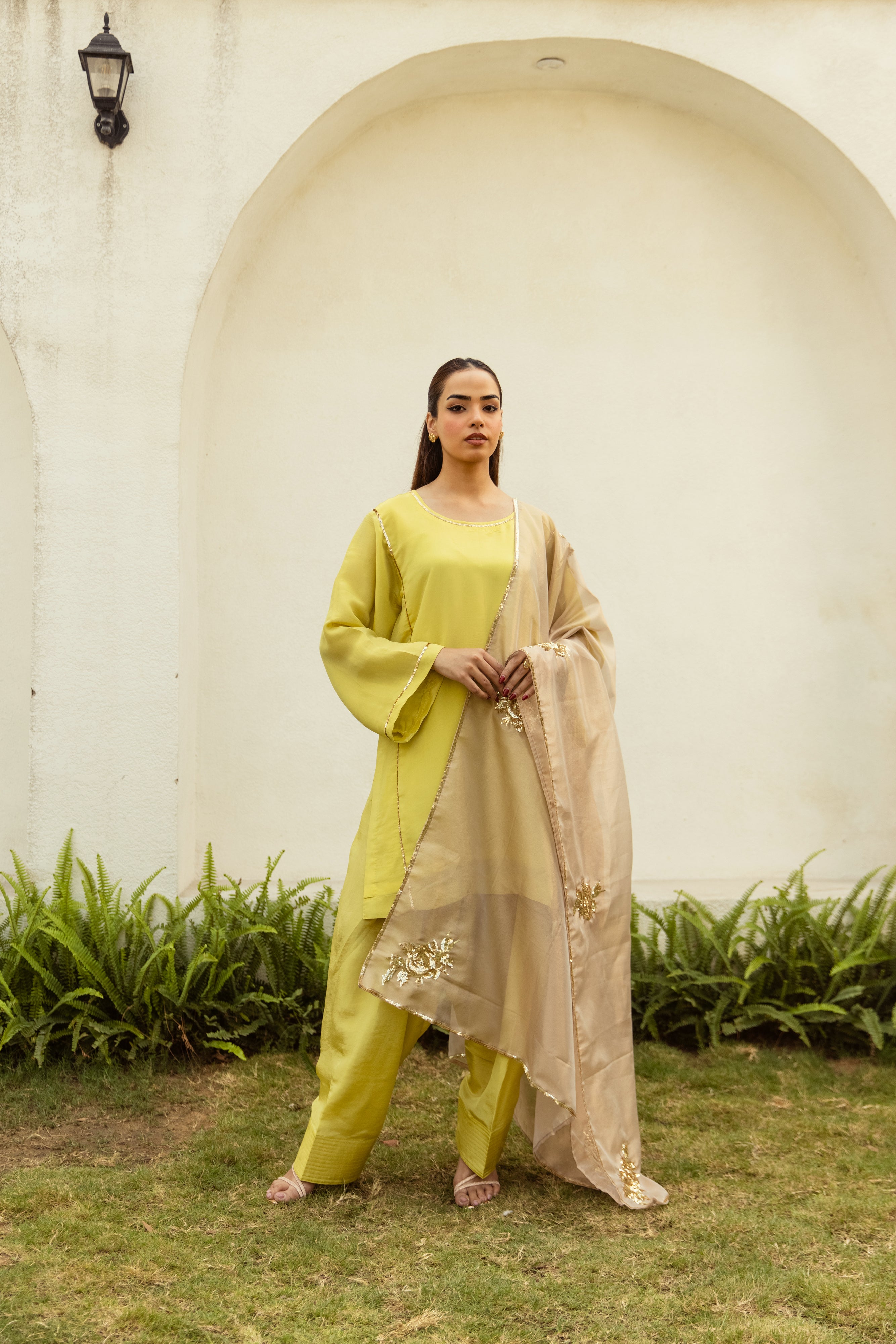 Noor Farshi Salwar Lime Green Set - Golden