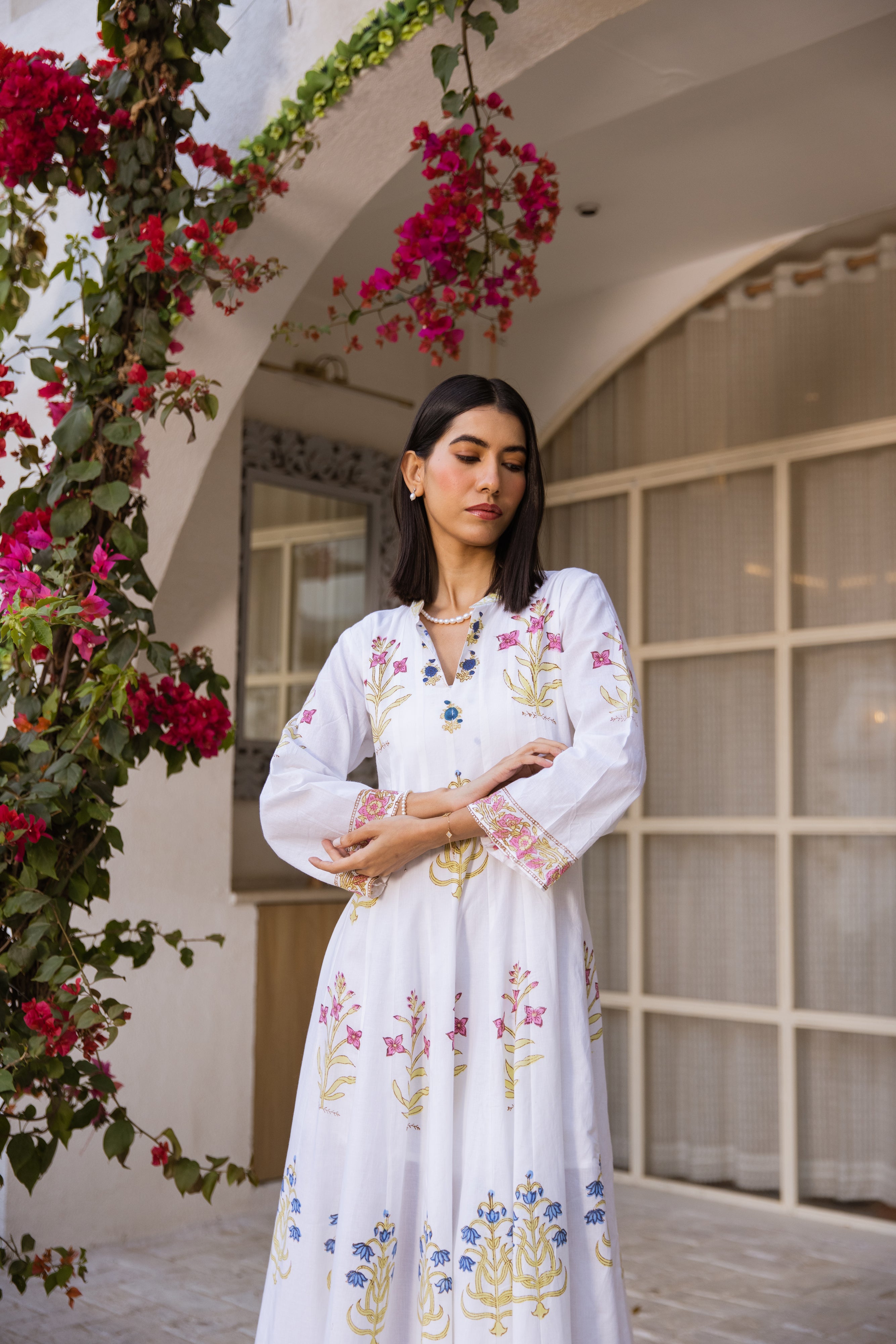 Picnic Multicoloured Handblock Kalidar Dress