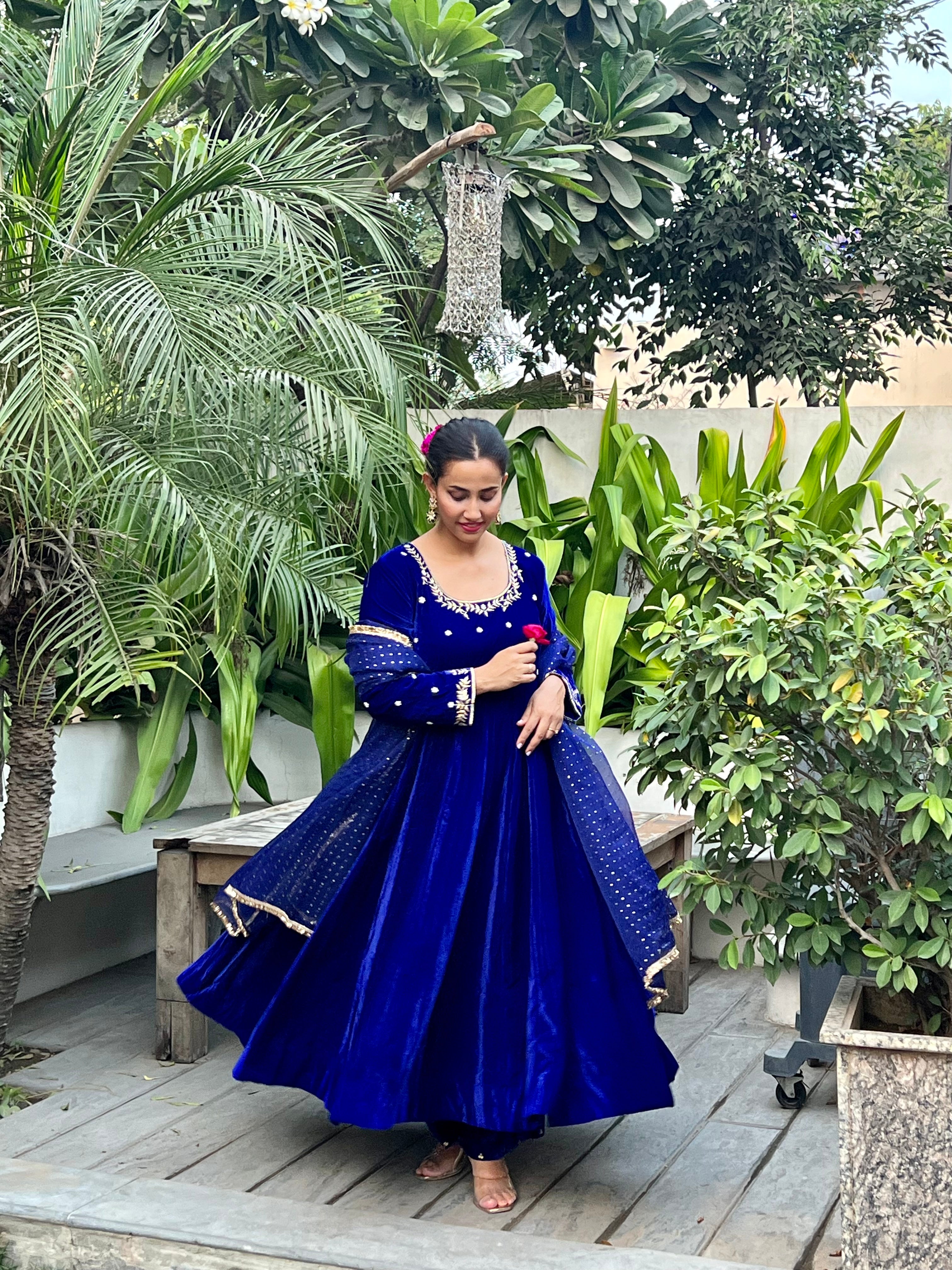 Royal Blue Velvet Anarkali set