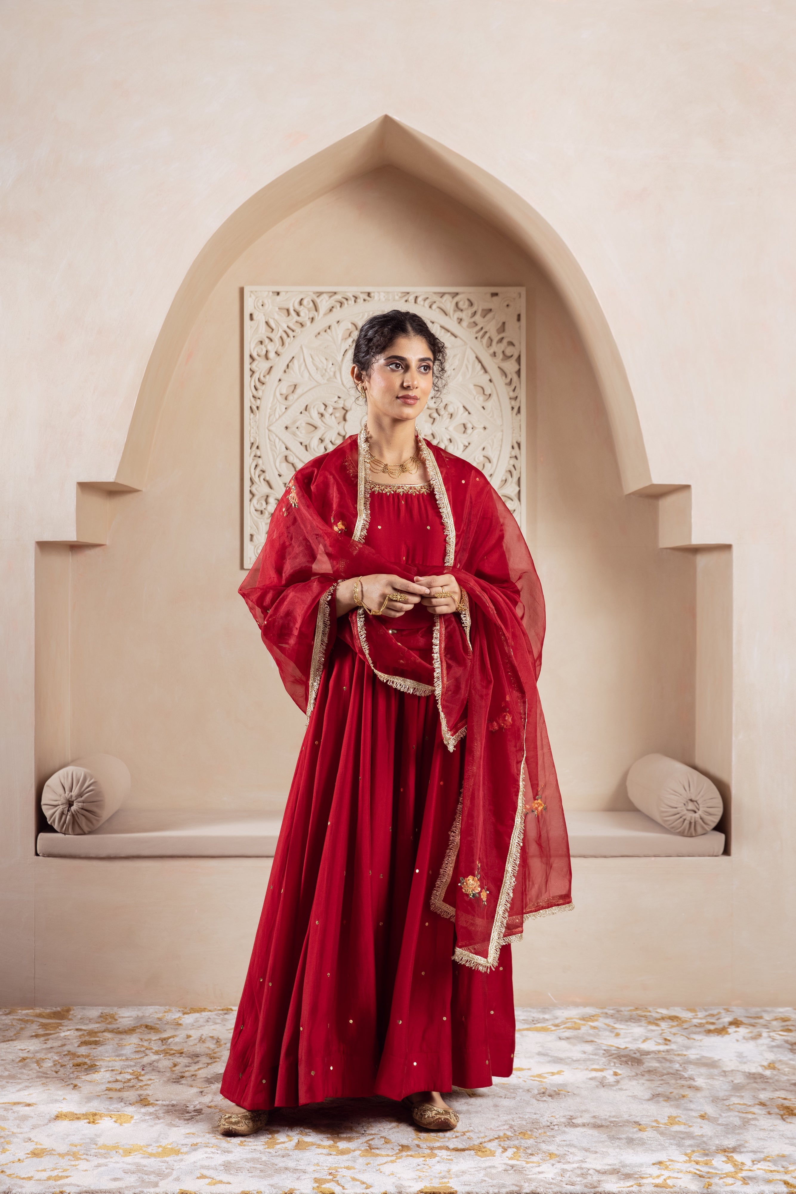 GULNAZ Maroon rose hand painted Anarkali set