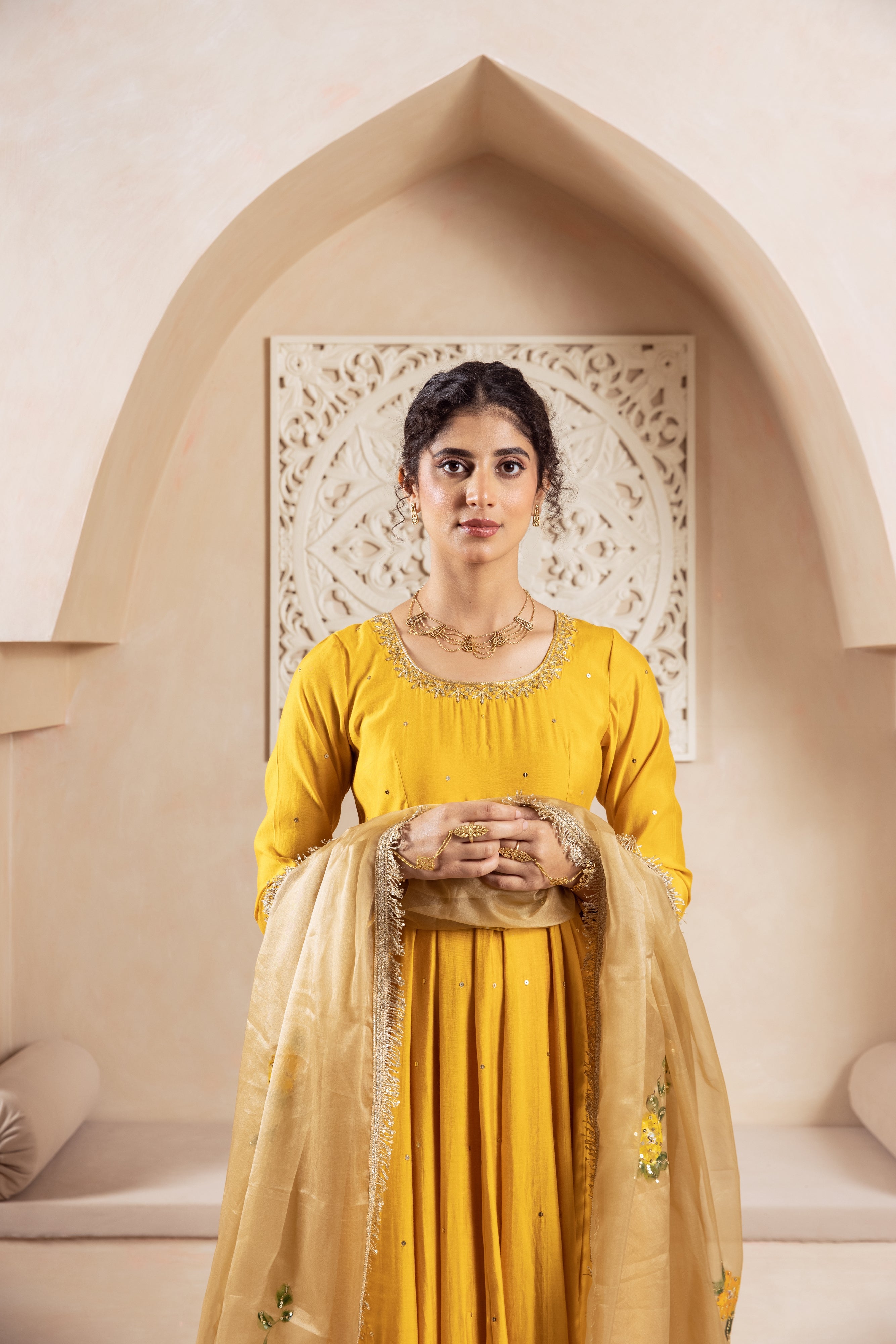 GULNAZ Mustard yellow hand painted Anarkali set