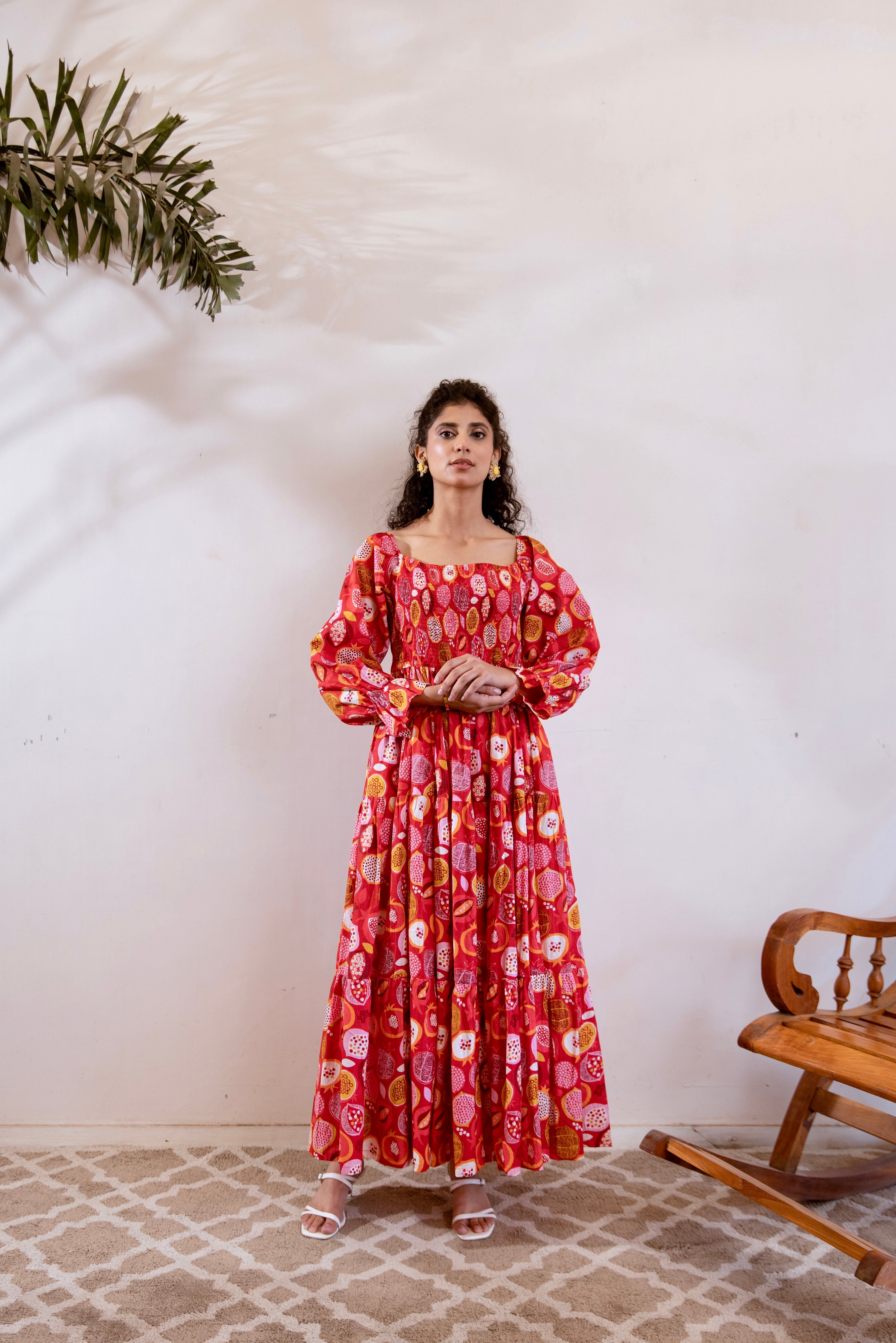 Red pomegranate smocked maxi
