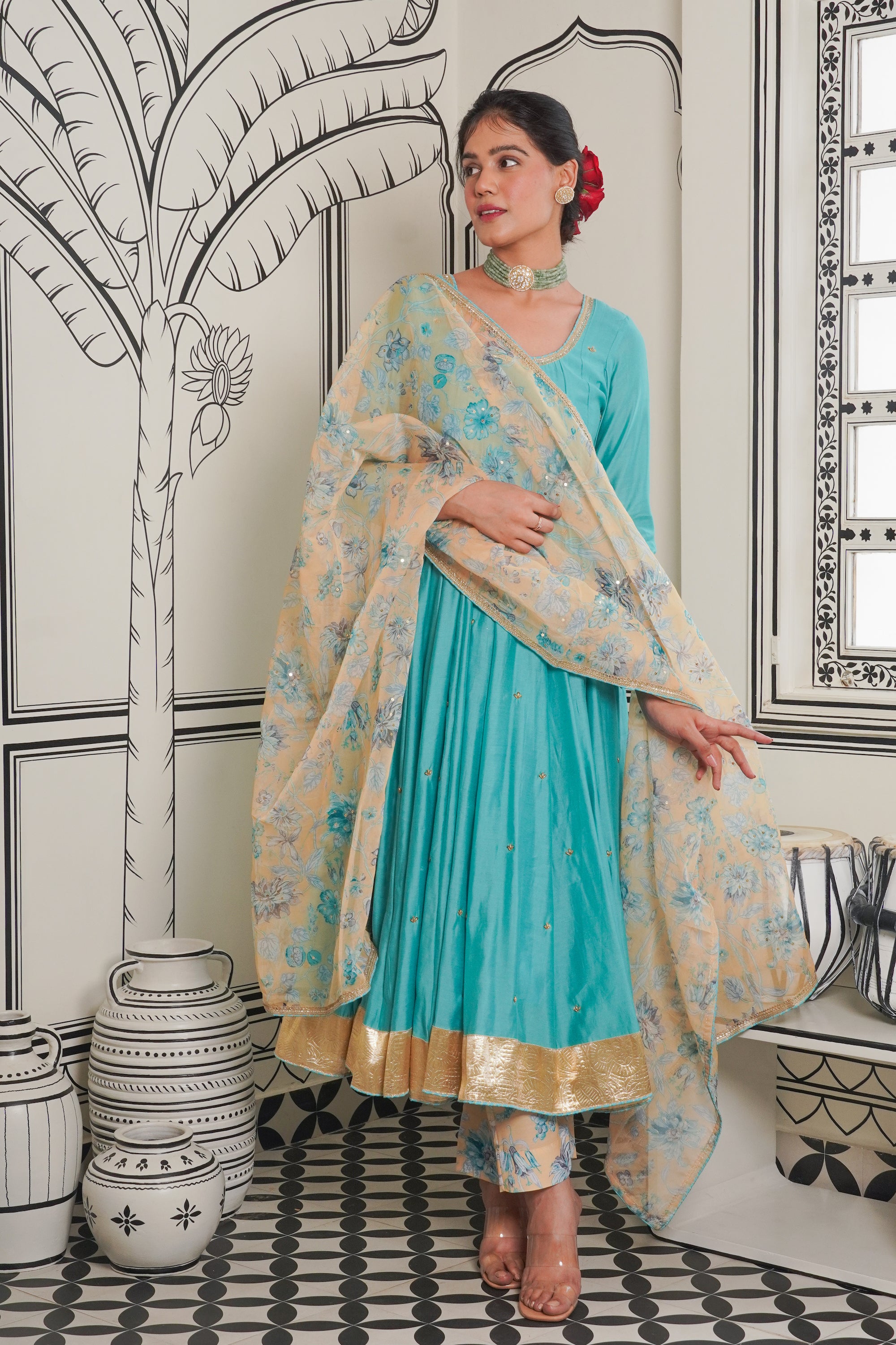 Afsana Turquoise hand work Anarkali Set