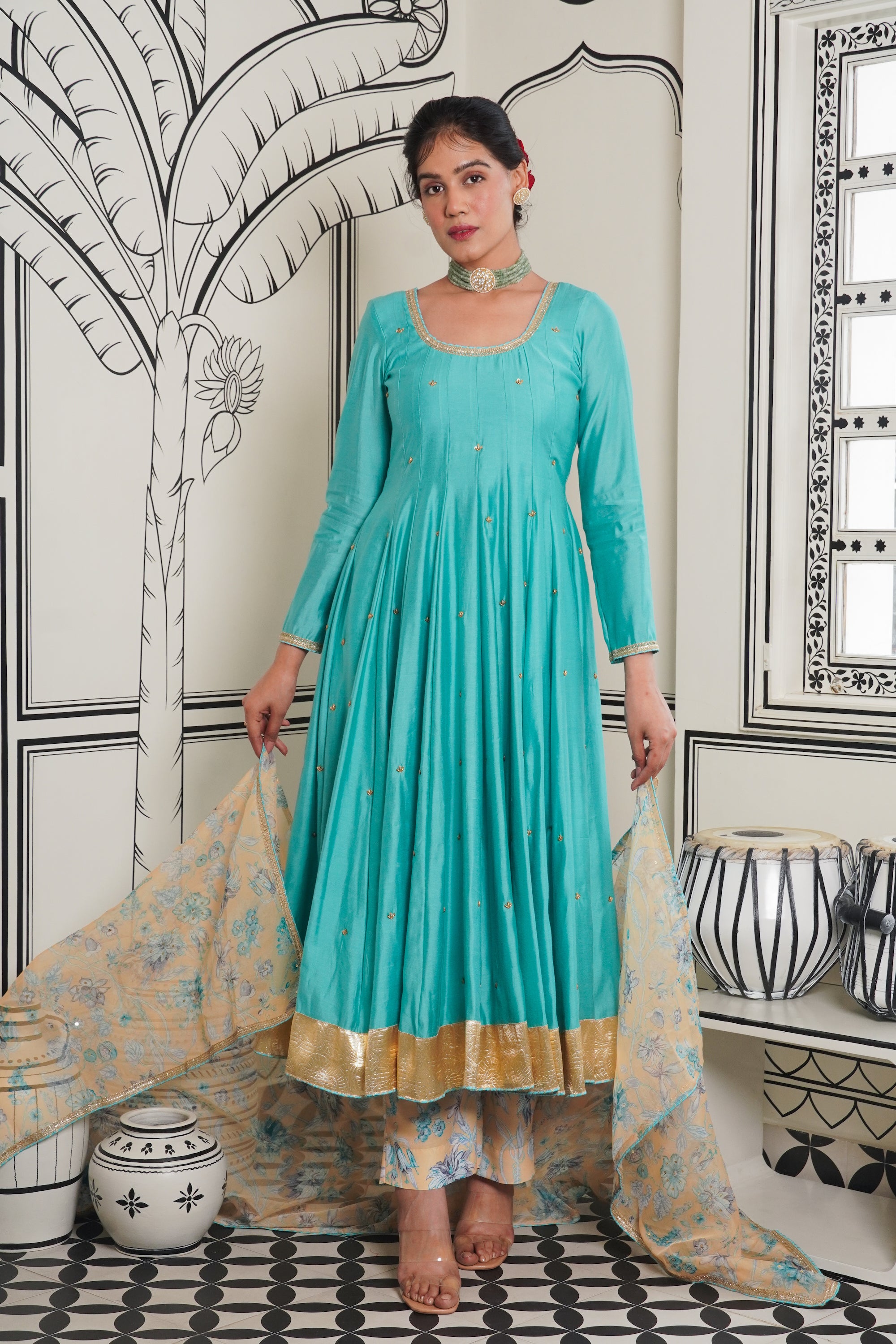Afsana Turquoise hand work Anarkali Set