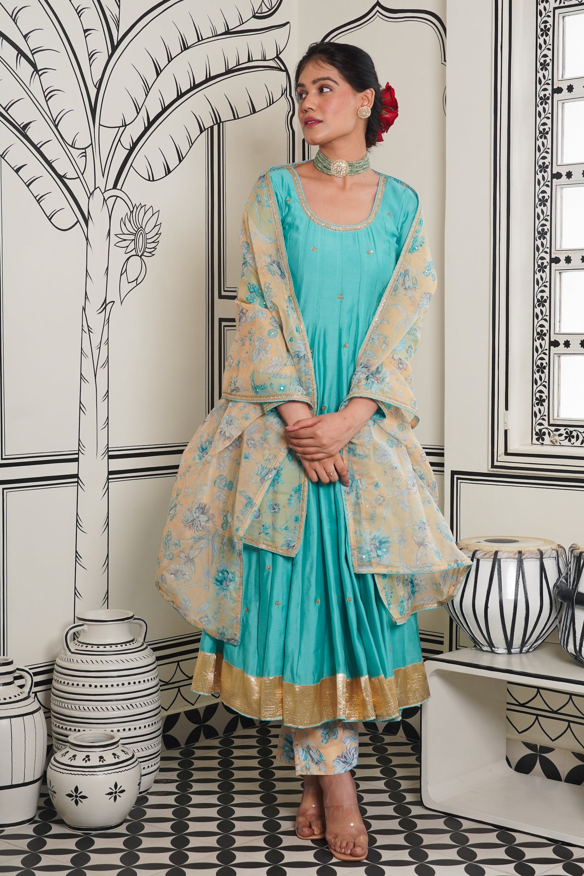 Afsana Turquoise hand work Anarkali Set
