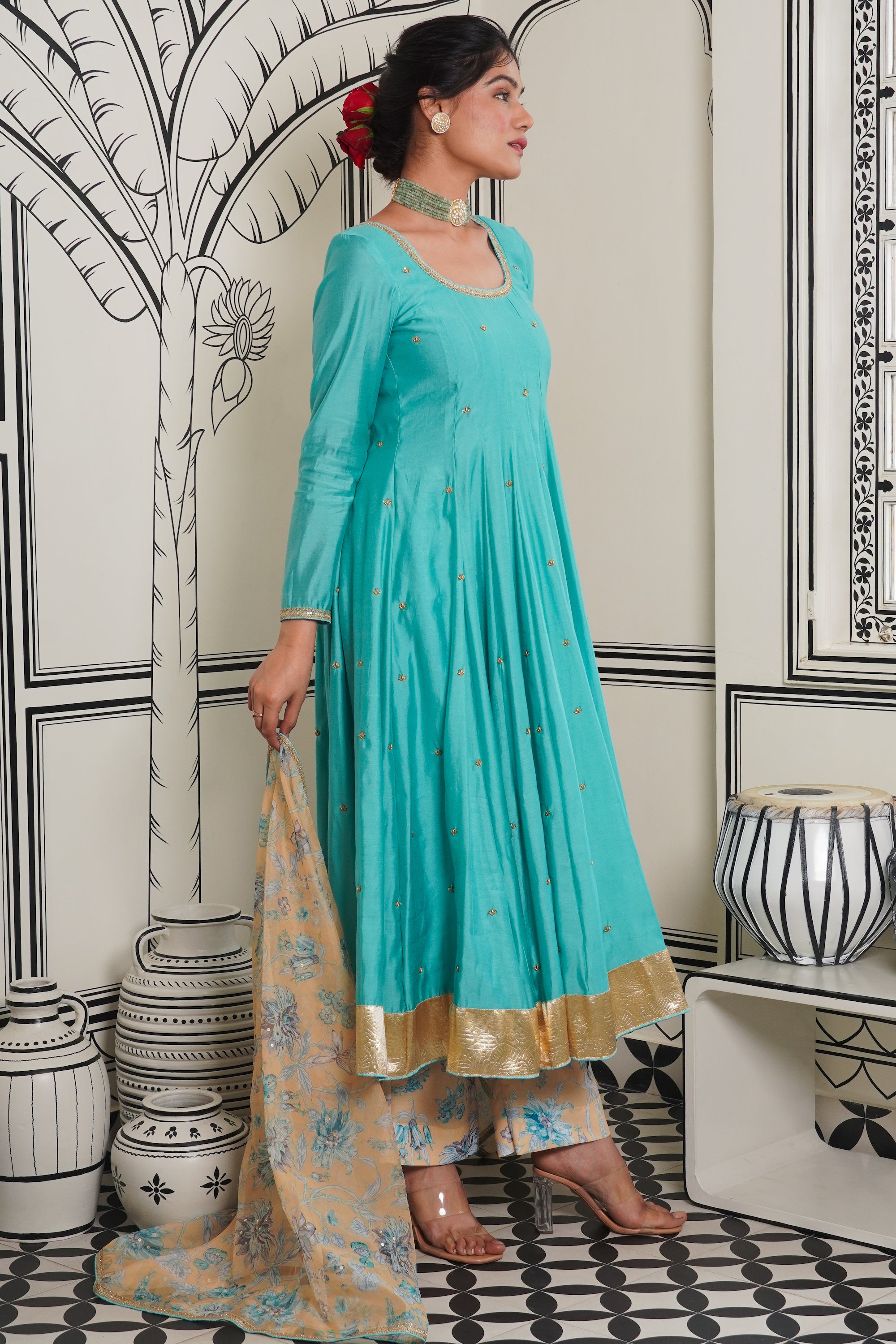 Afsana Turquoise hand work Anarkali Set