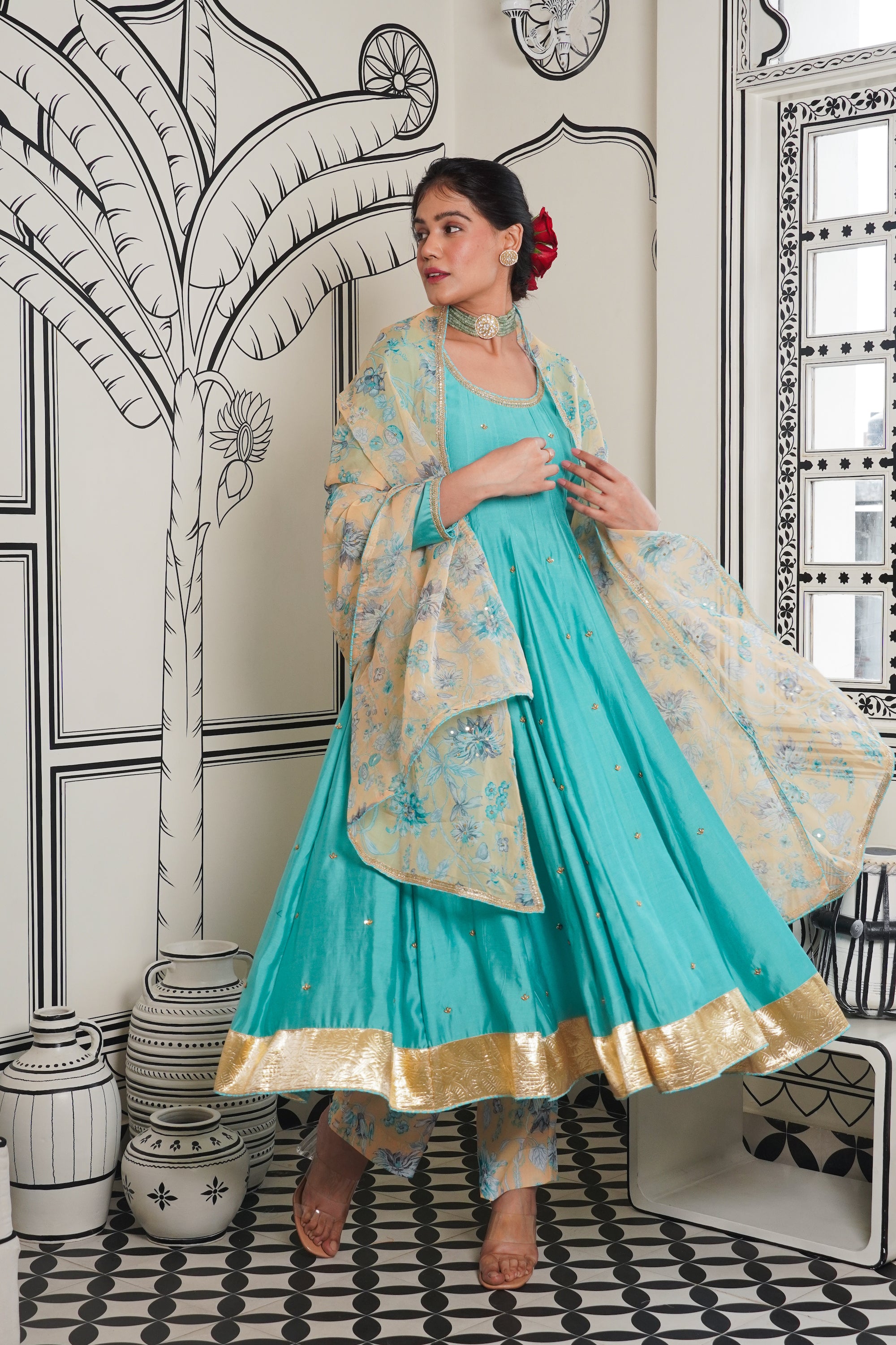 Afsana Turquoise hand work Anarkali Set