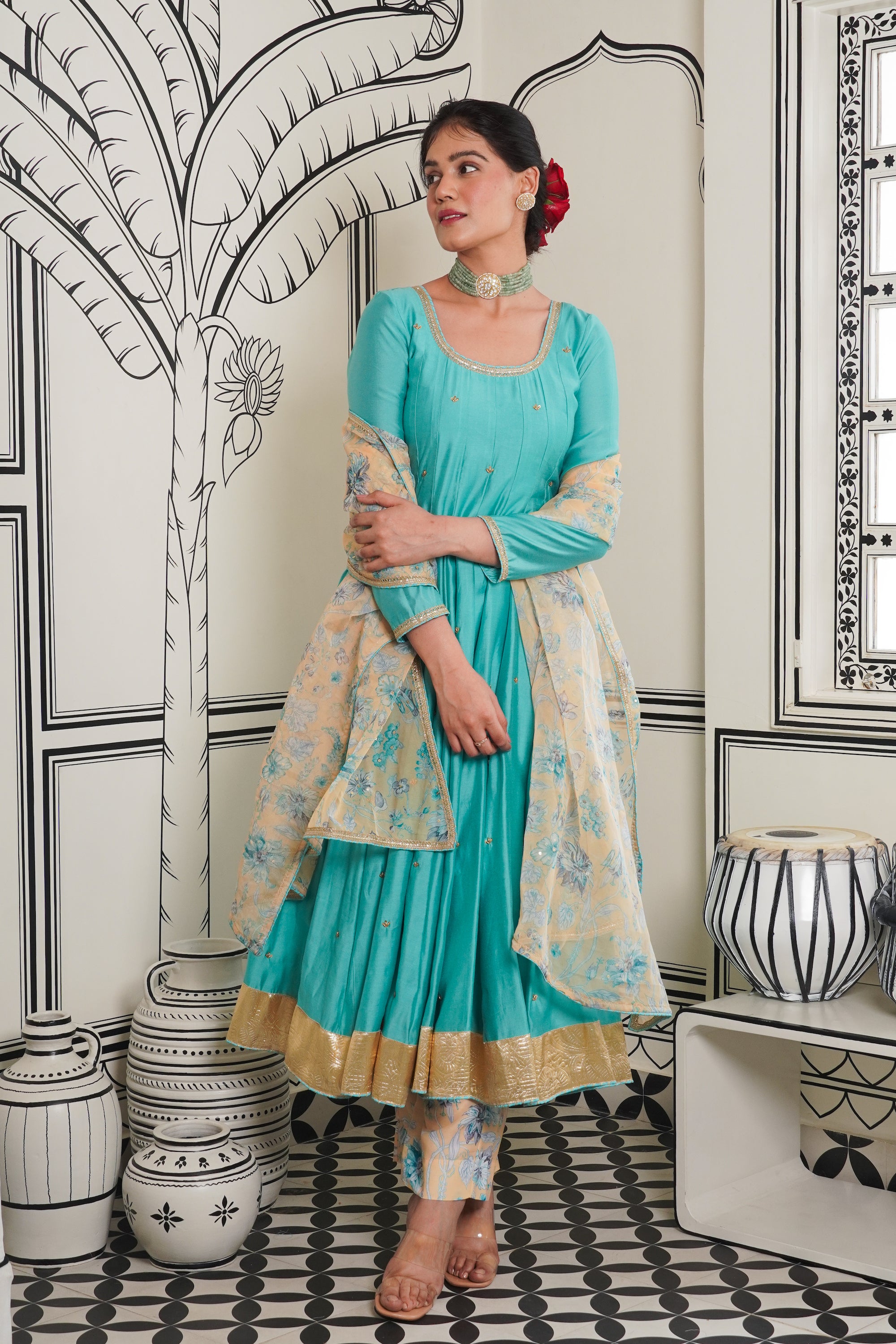 Afsana Turquoise hand work Anarkali Set