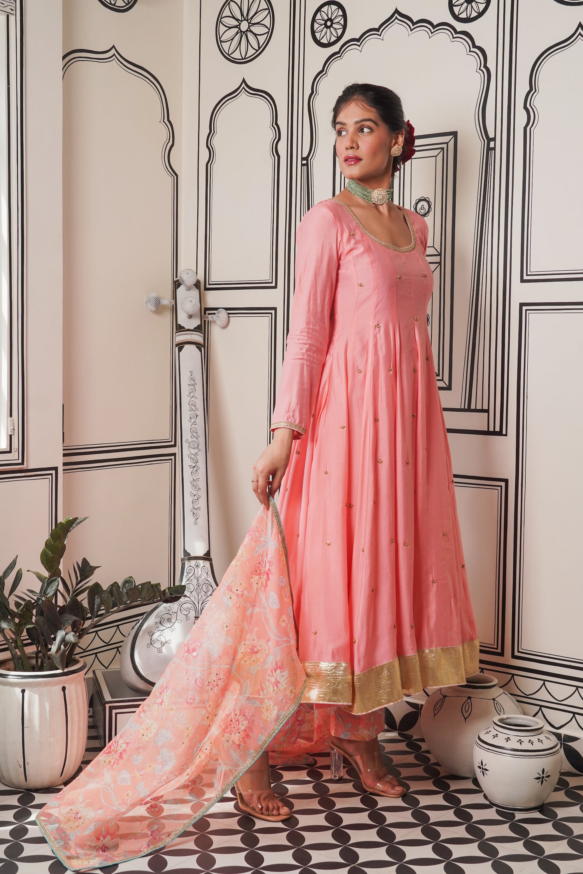 Afsana Peach hand work Anarkali Set