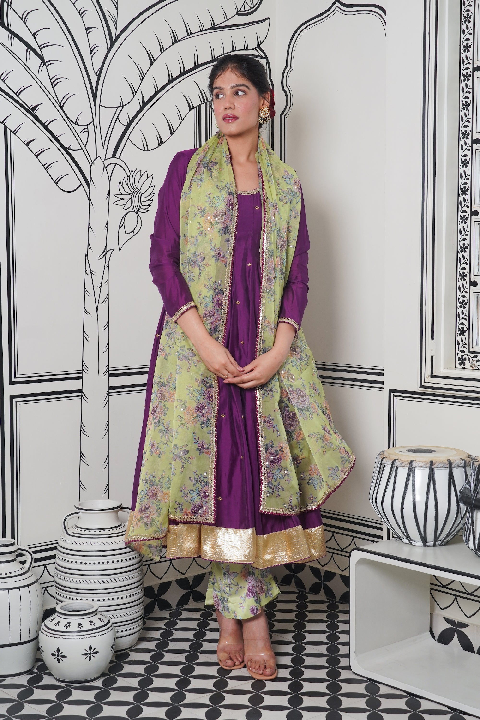 Afsana Purple green printed Anarkali Set