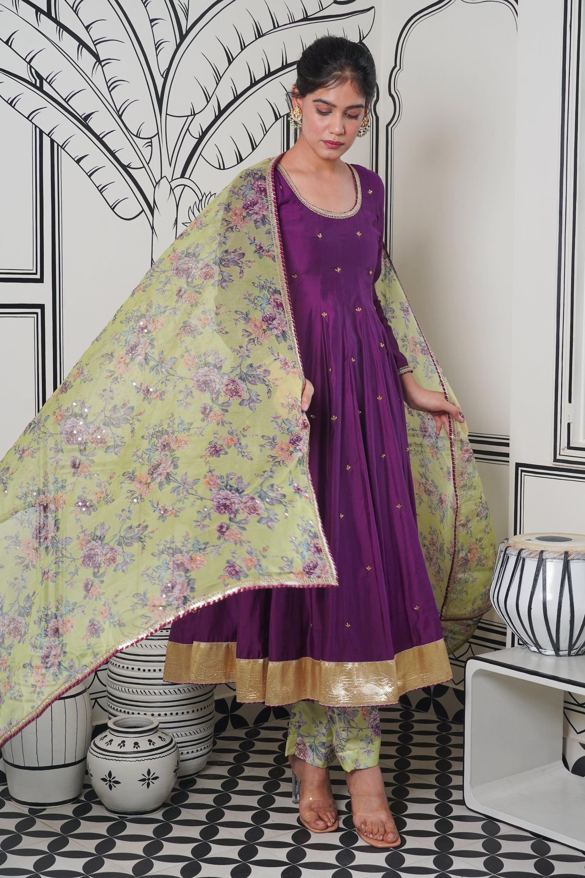 Afsana Purple green printed Anarkali Set