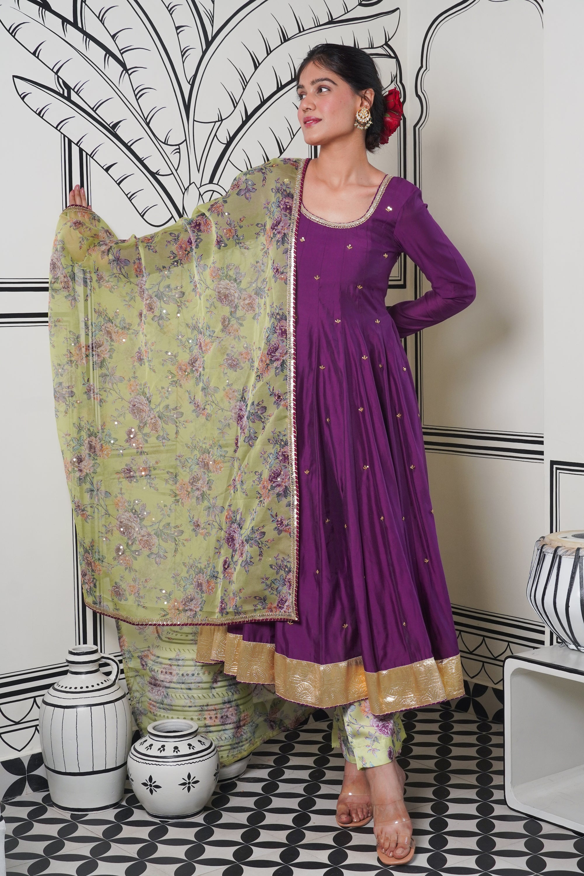 Afsana Purple green printed Anarkali Set