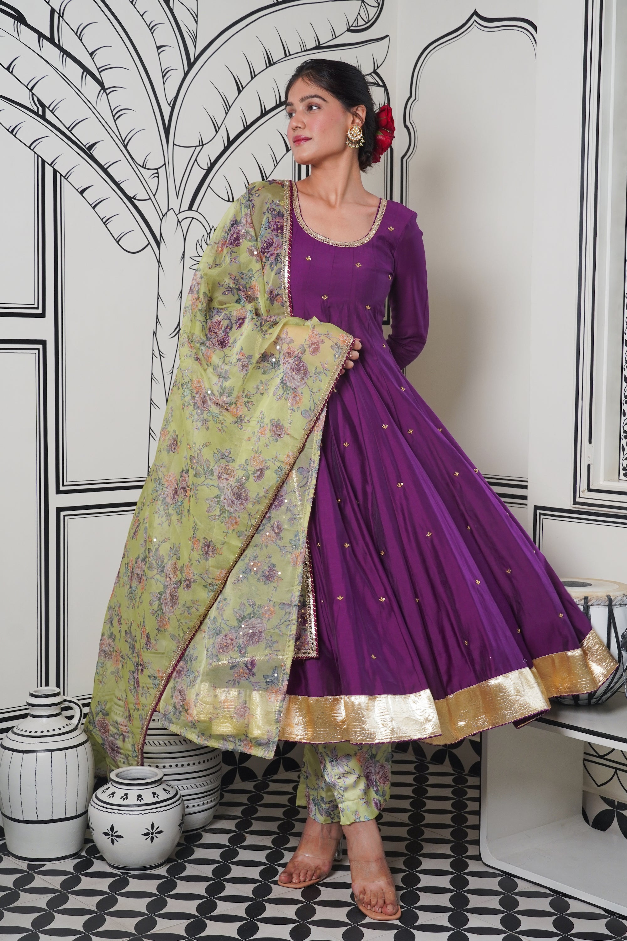 Afsana Purple green printed Anarkali Set