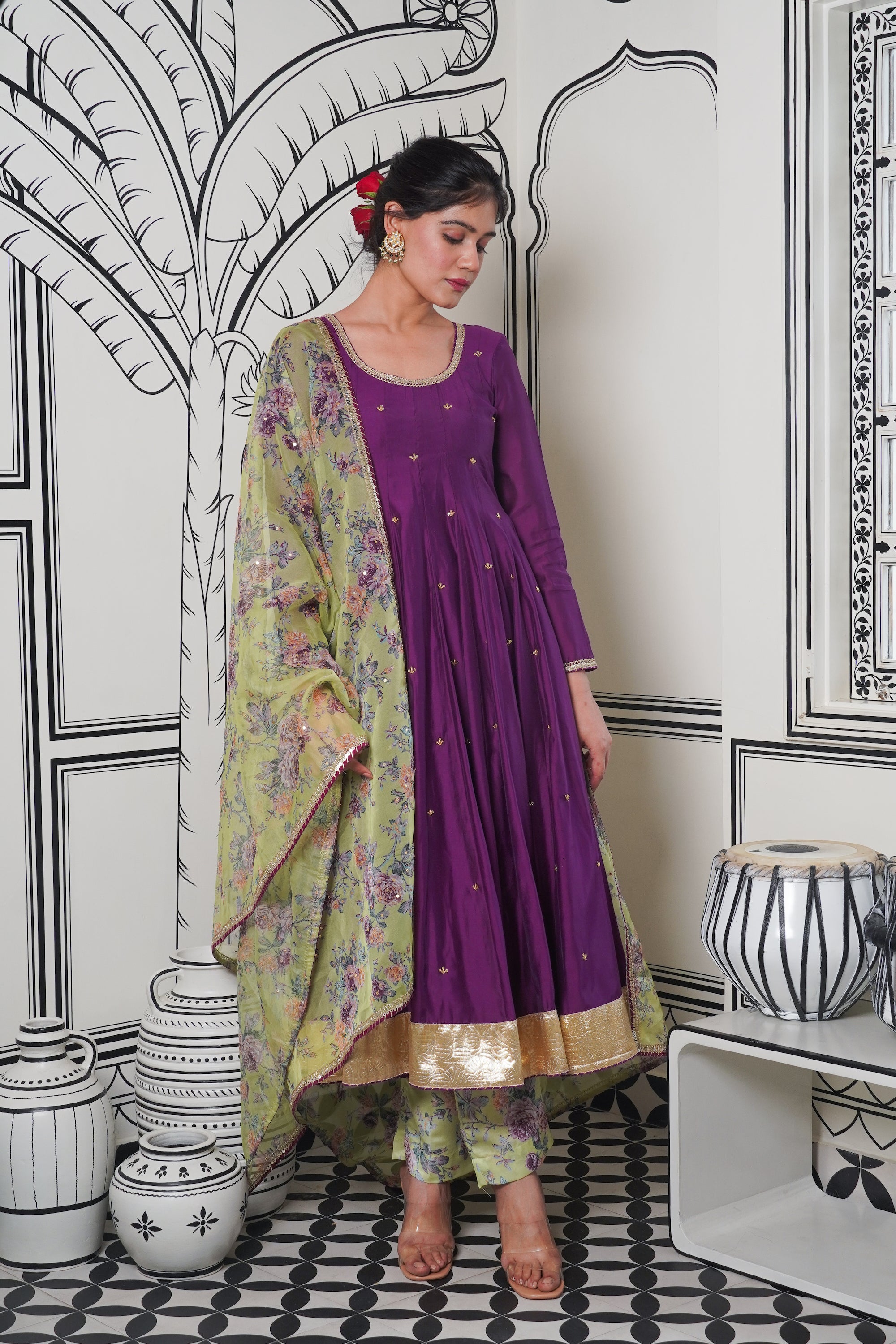 Afsana Purple green printed Anarkali Set