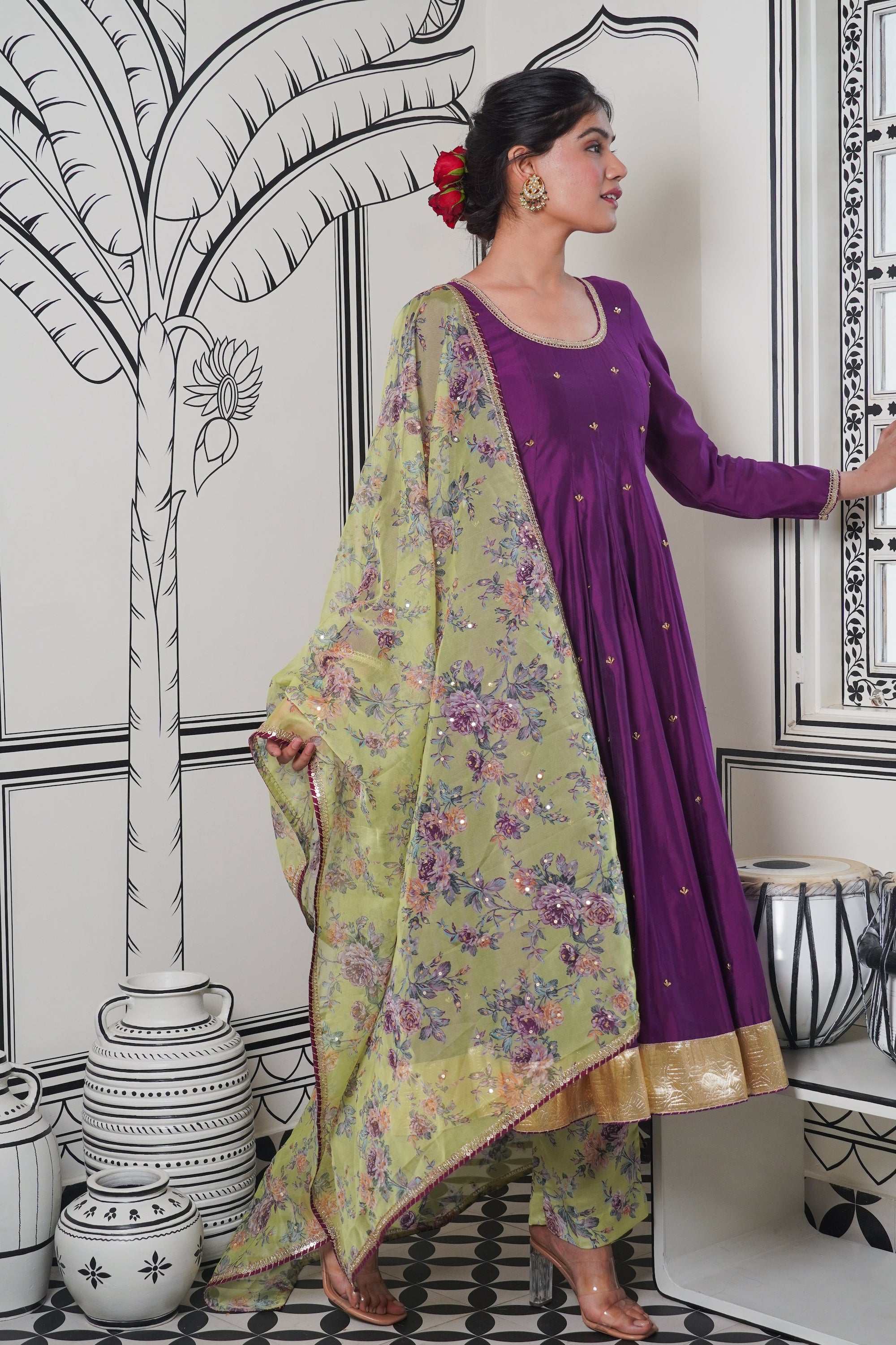Afsana Purple green printed Anarkali Set